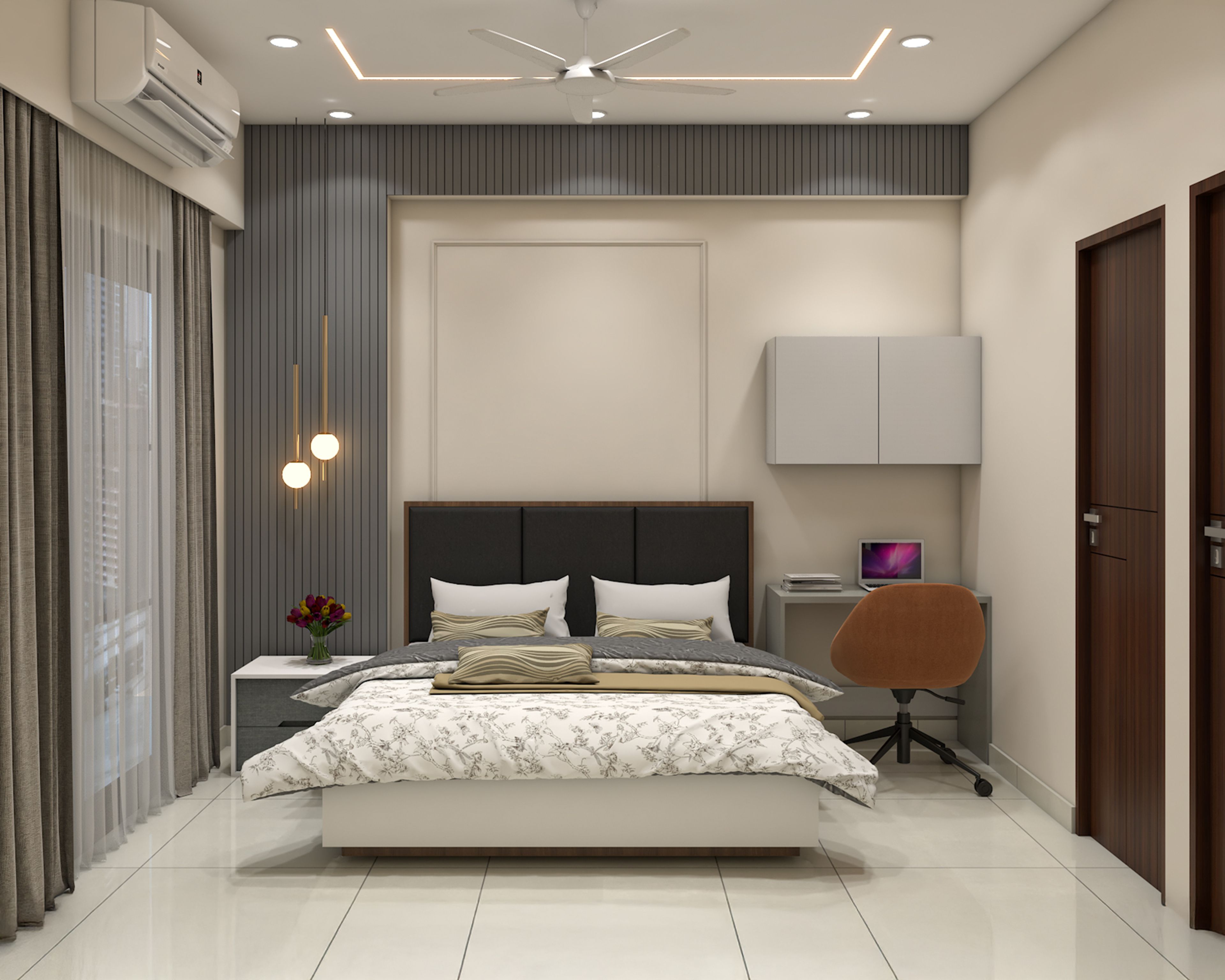 Contemporary Master Bedroom Design with Three-Panel Headboard and Workspace