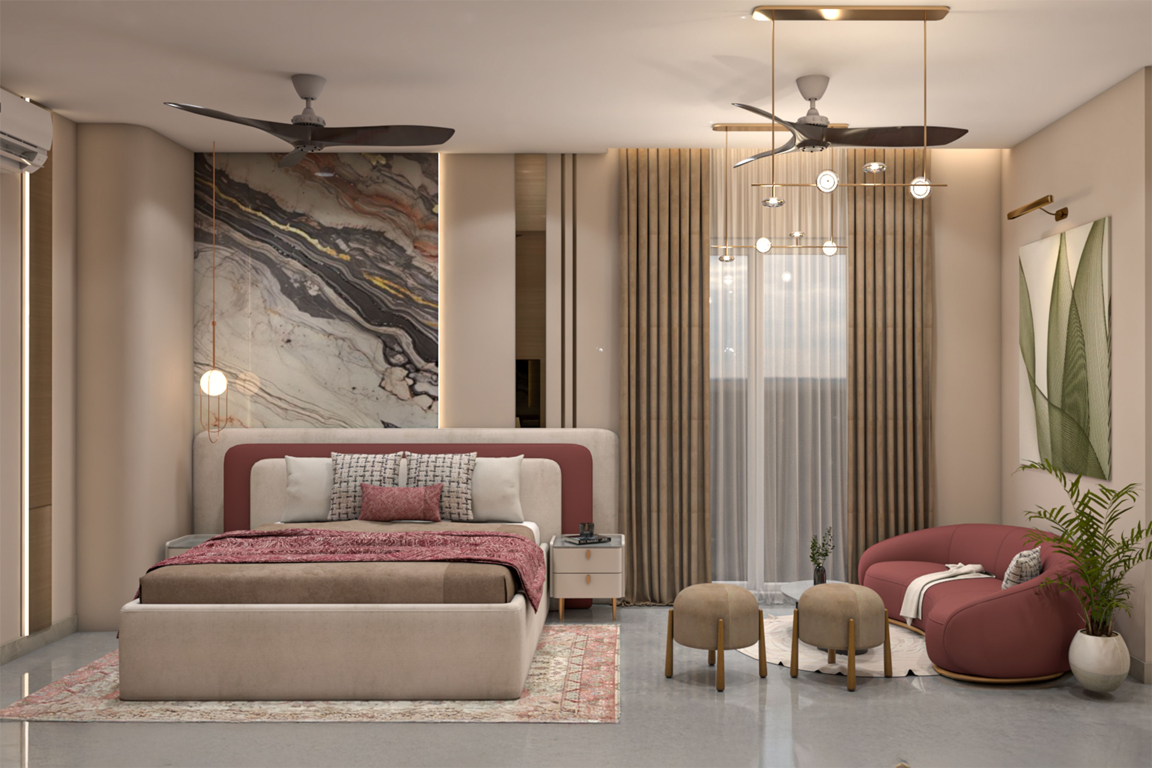 Modern Master Bedroom Design with Marble Feature Wall and Rose Seating