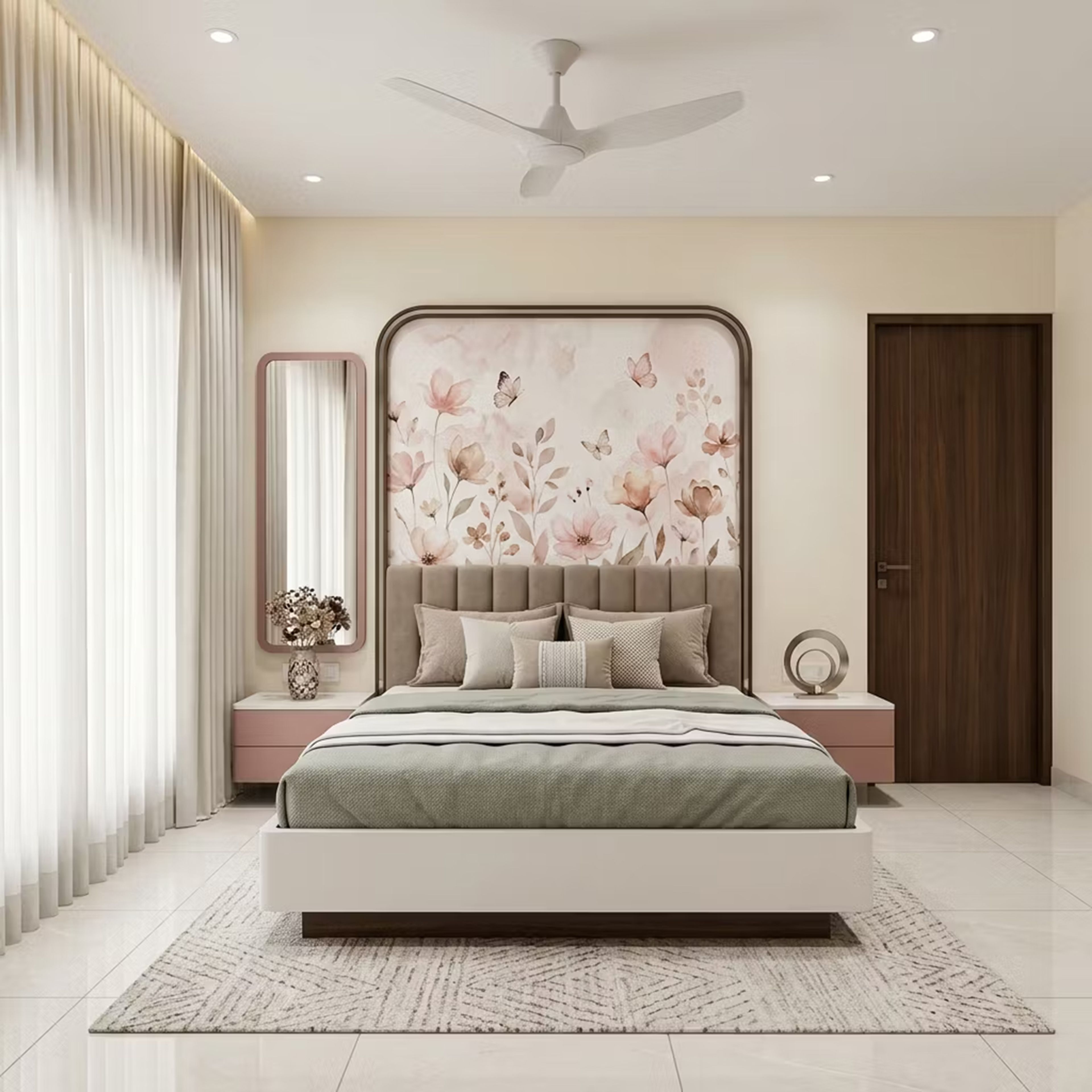 Modern Master Bedroom Design with Floral Wall Arch and Fluted Headboard