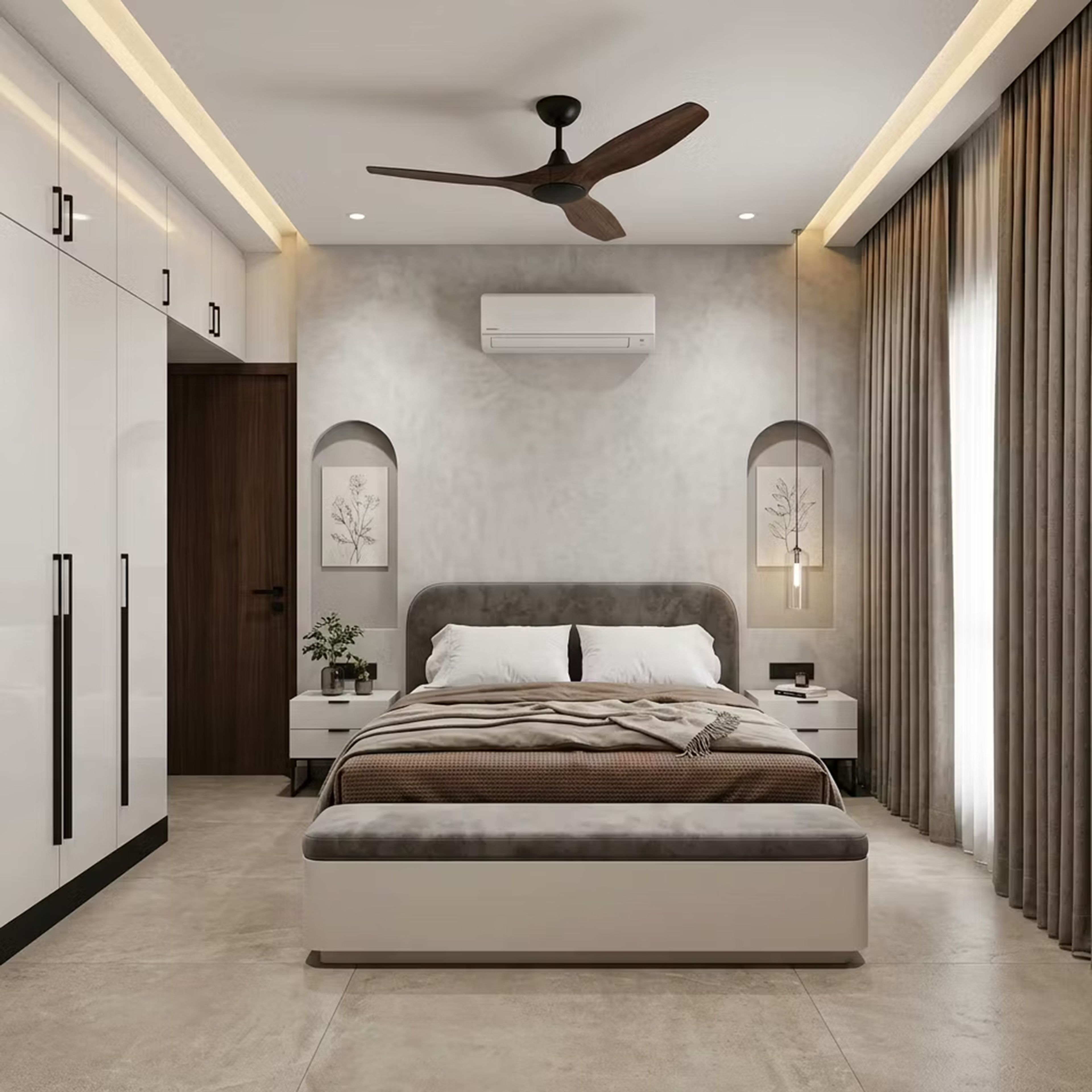 Contemporary Master Bedroom Design with Concrete Accent Wall and Alcoves