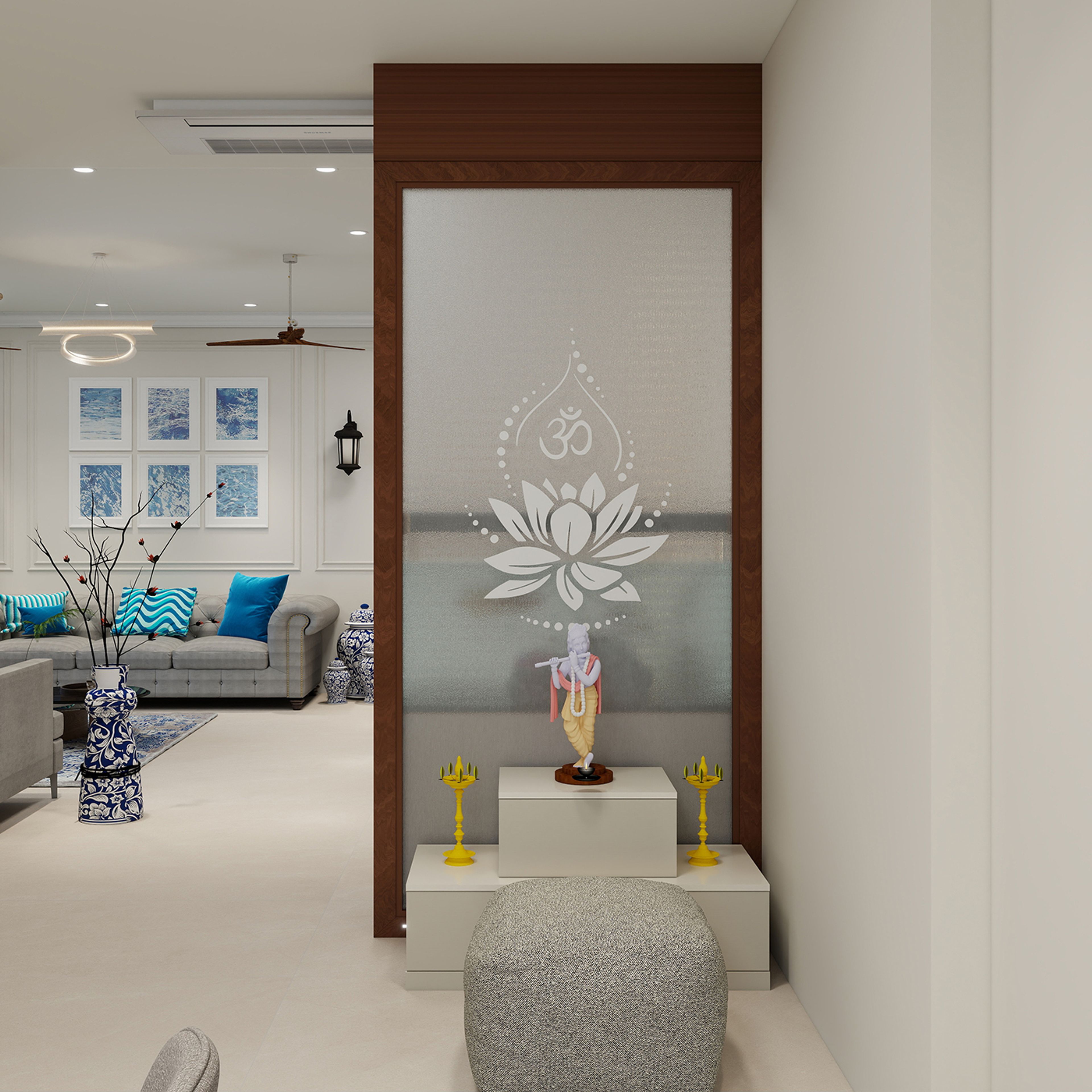 Modern Pooja Design with Living Room Platform and Storage Ottoman