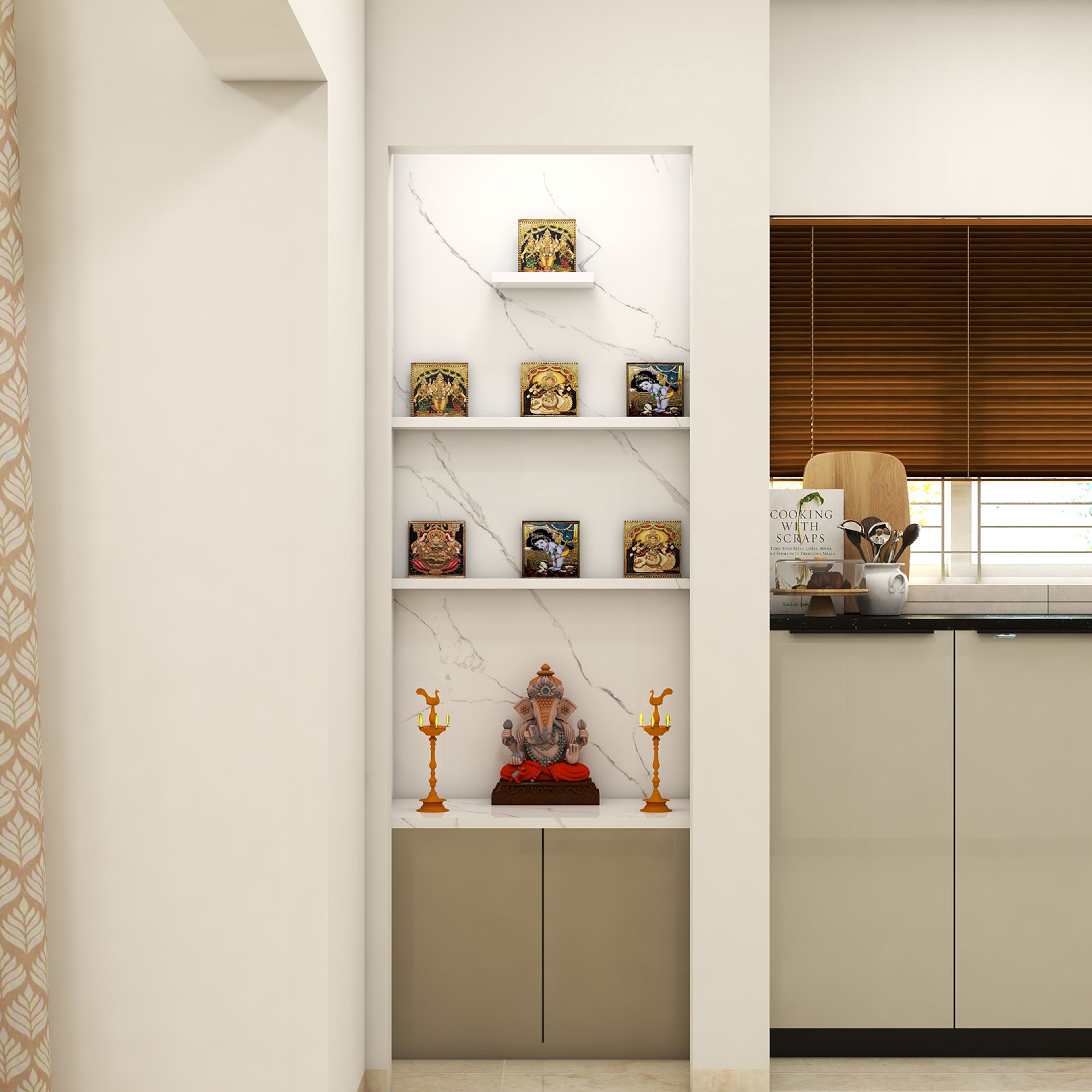 Irish Cream Modern Pooja Design with Lower Cabinet Storage Unit