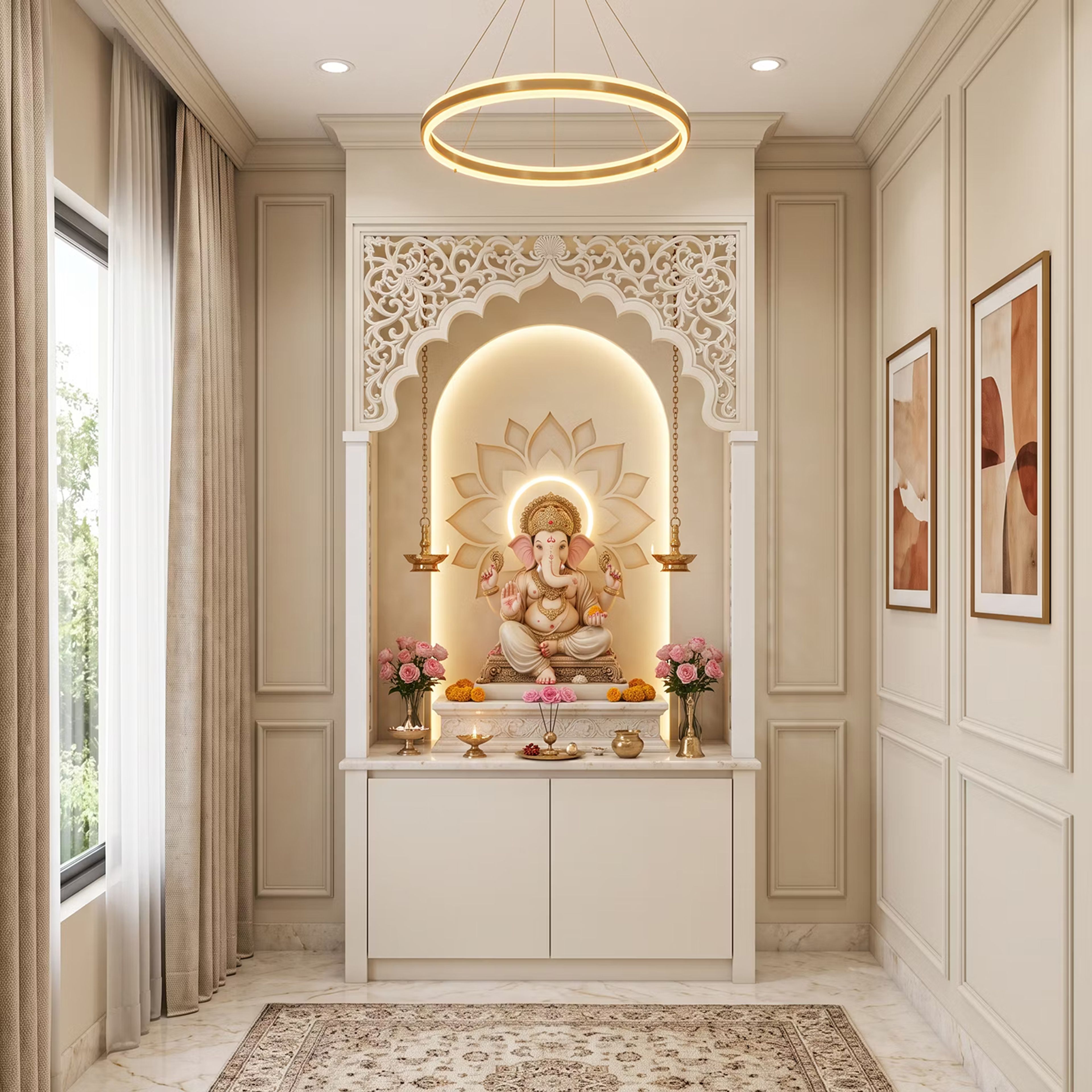 White Classic Pooja Design with Golden Lotus Wall Backdrop