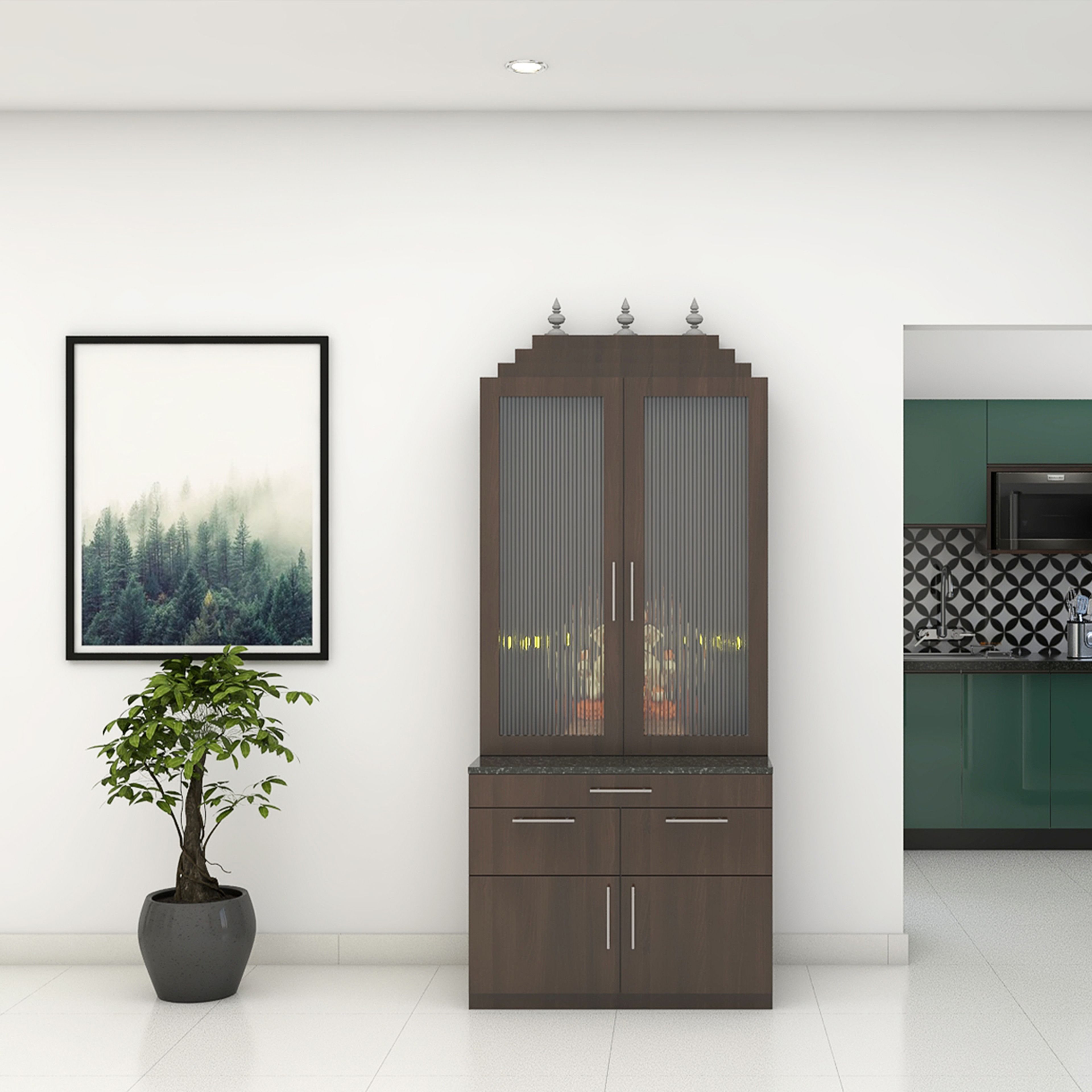 Contemporary Pooja Room Design with Walnut Frame and Fluted Glass Shutters