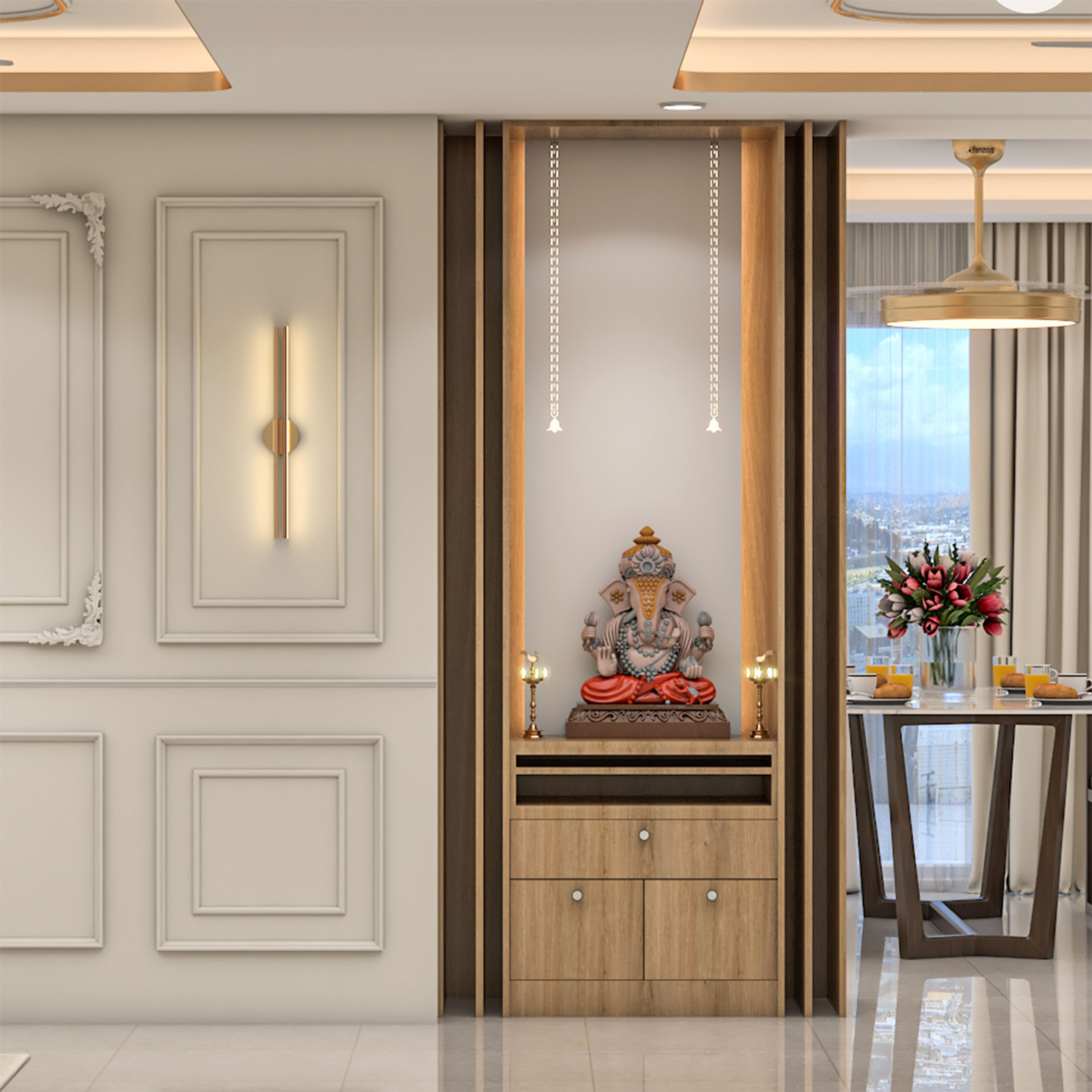 Classic Pooja Room Design with Walnut Slat Frame and Pendant Lights