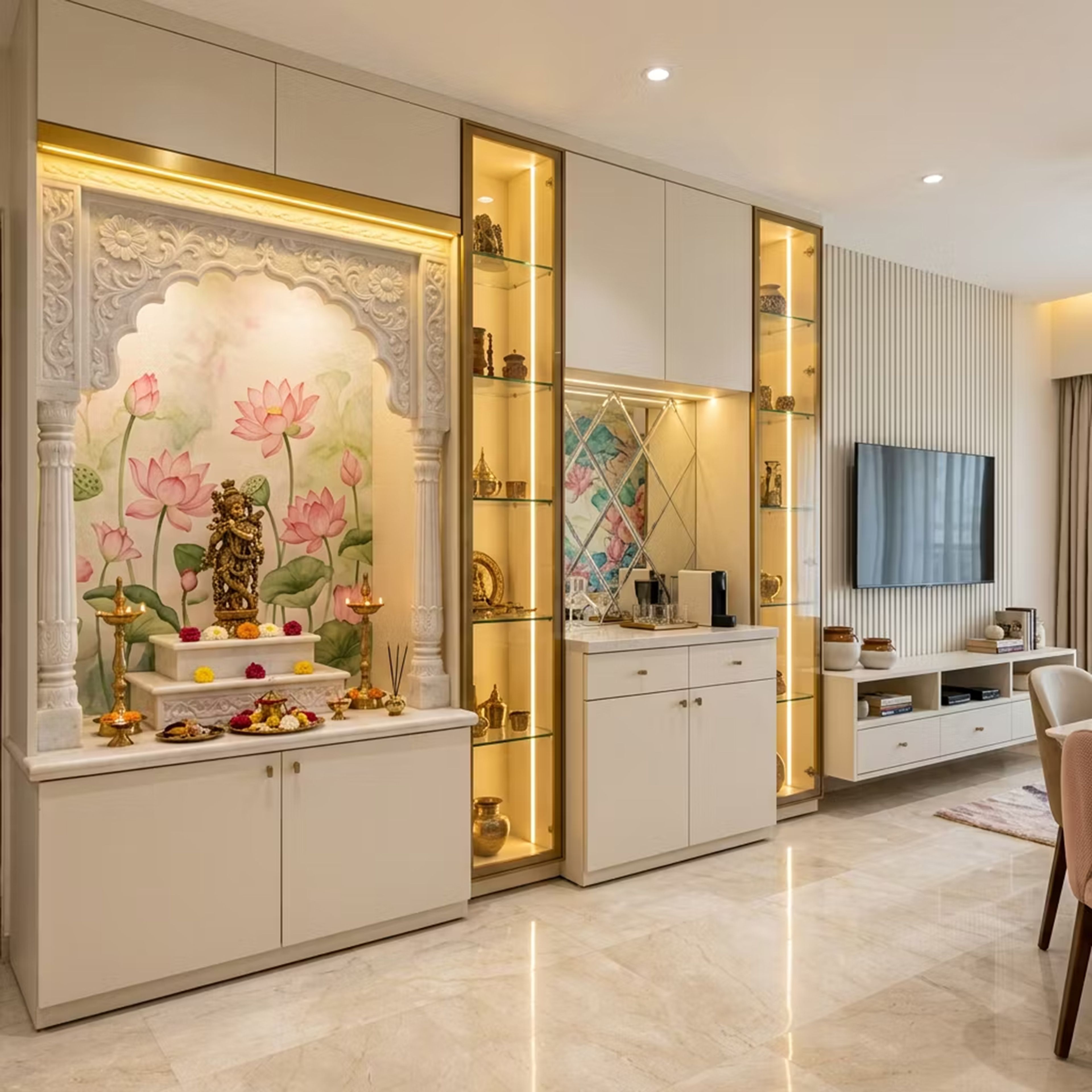 Transitional Pooja Room Design with Floral Archway and Glass Displays