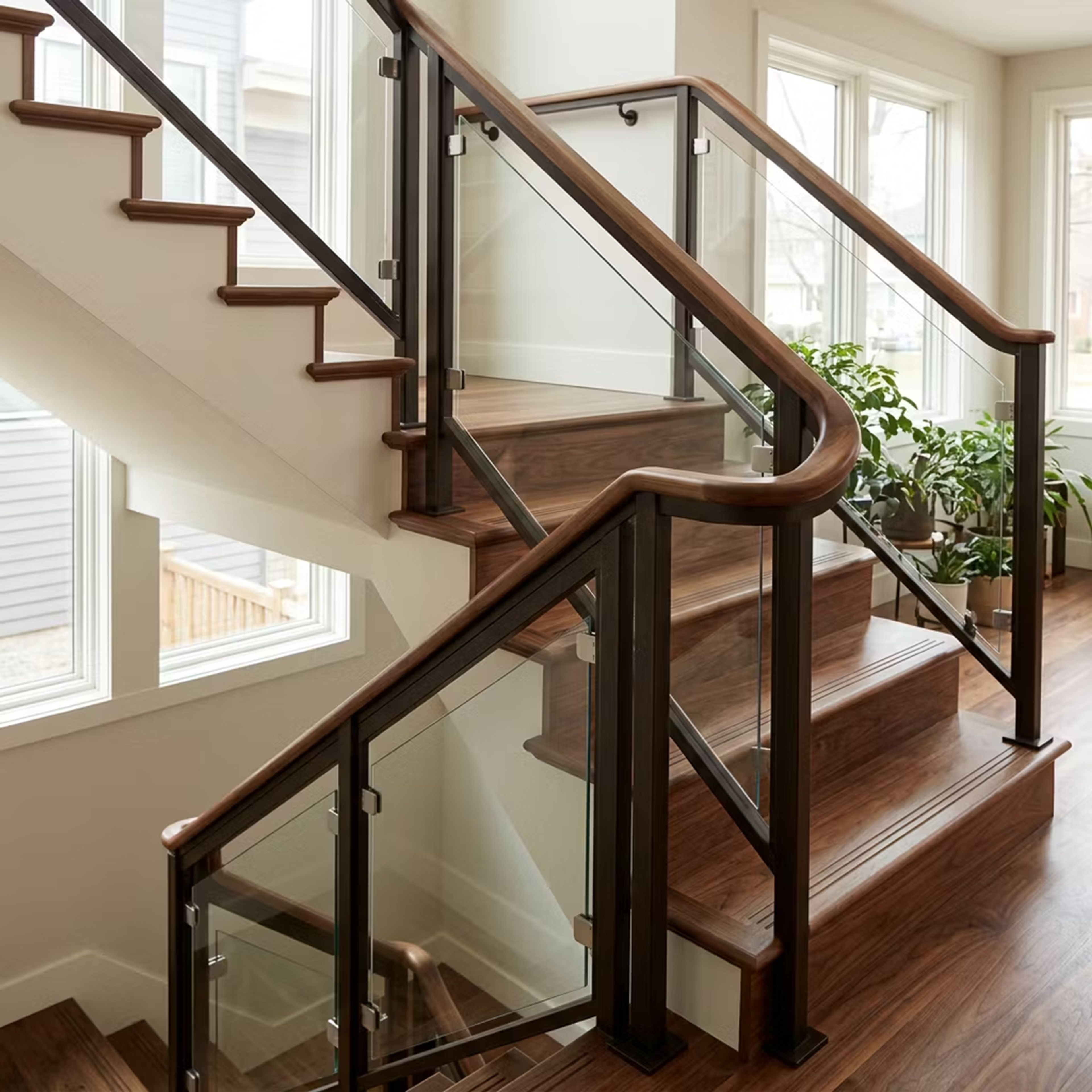 Transitional L-shaped Wood and Glass Staircase Design with Curved Handrail