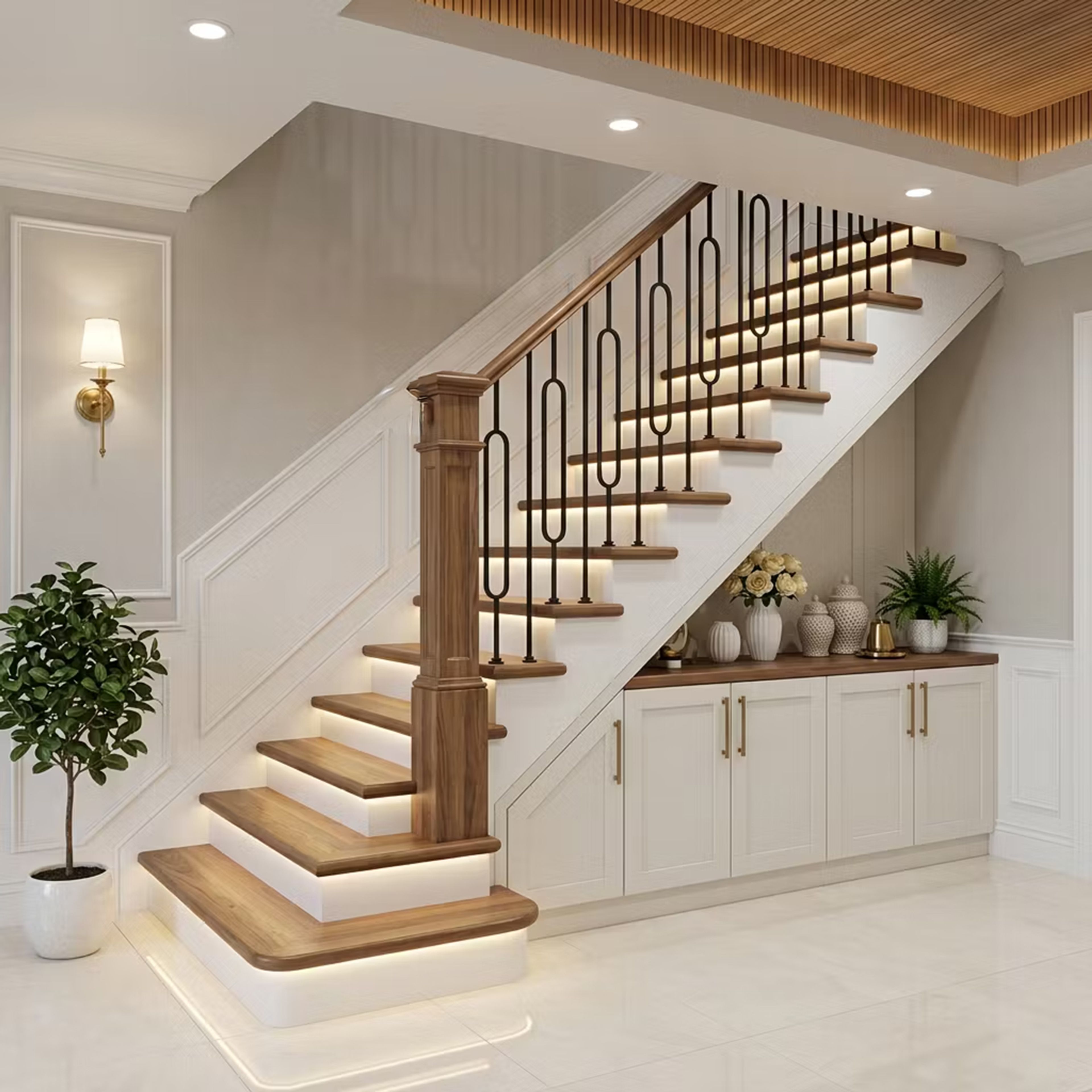 Straight Staircase Design with Wood Treads and Metal Balusters