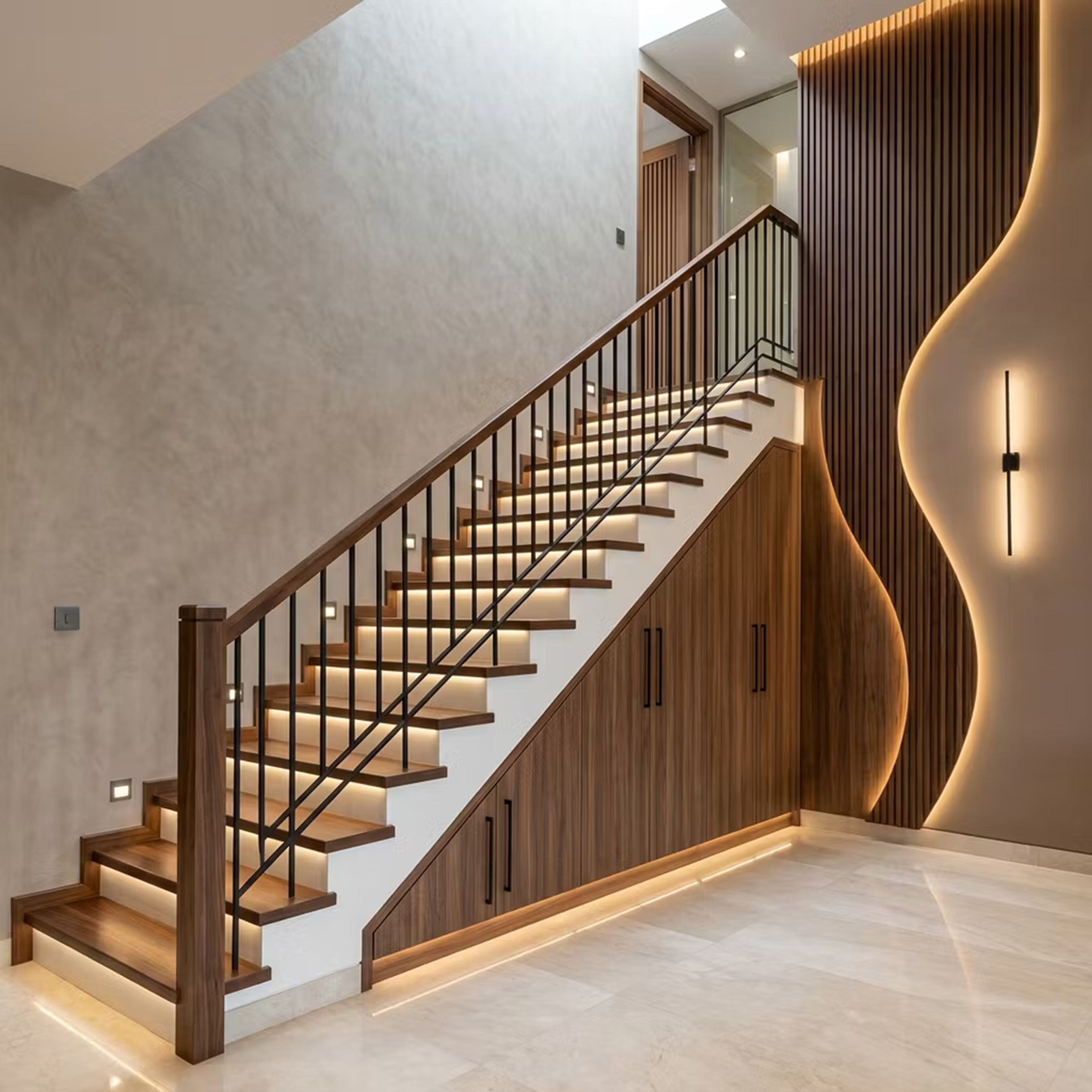 Straight Staircase Design with Wood Treads and Backlit Wall