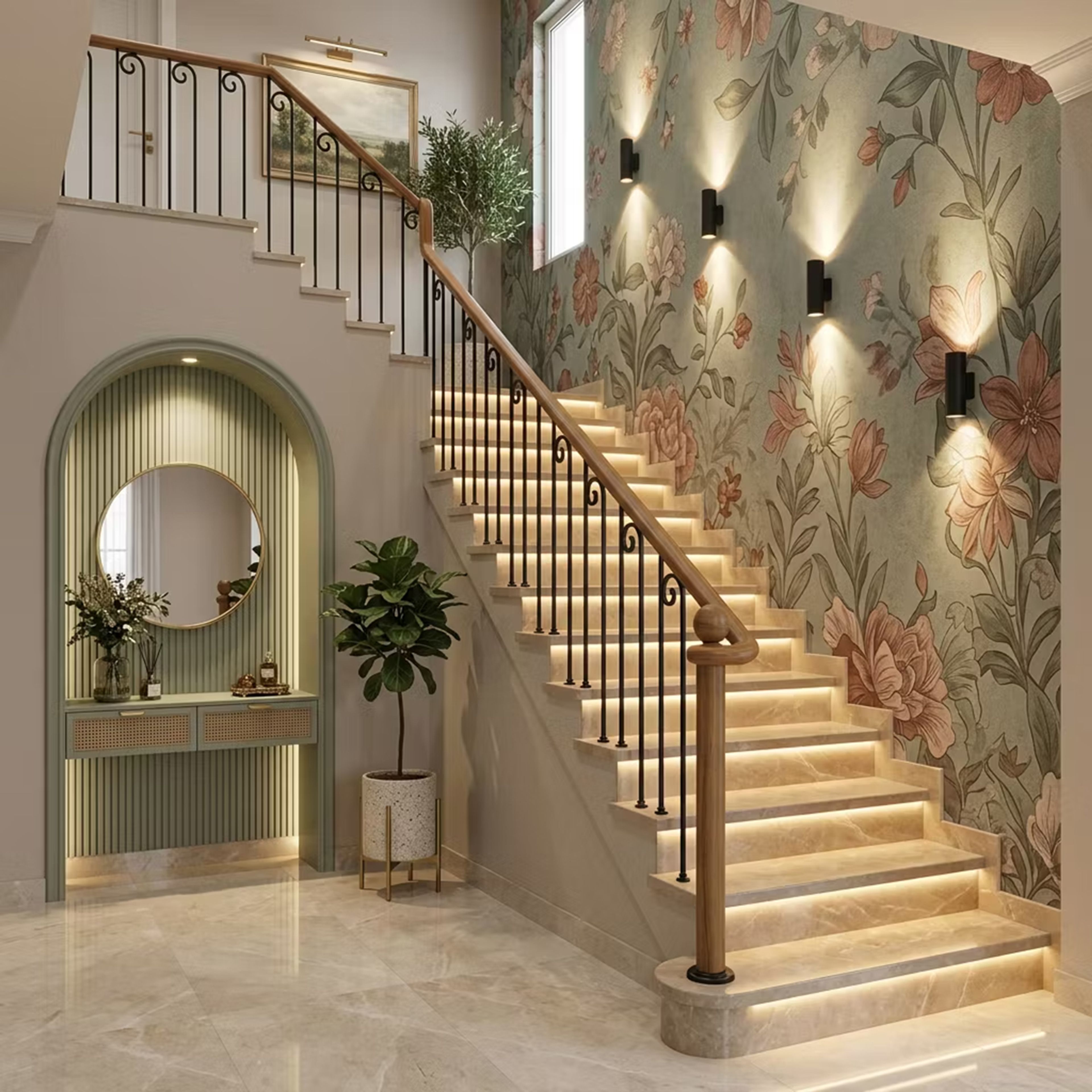 L-Shaped Staircase Design with Marble Steps and Metal Railings