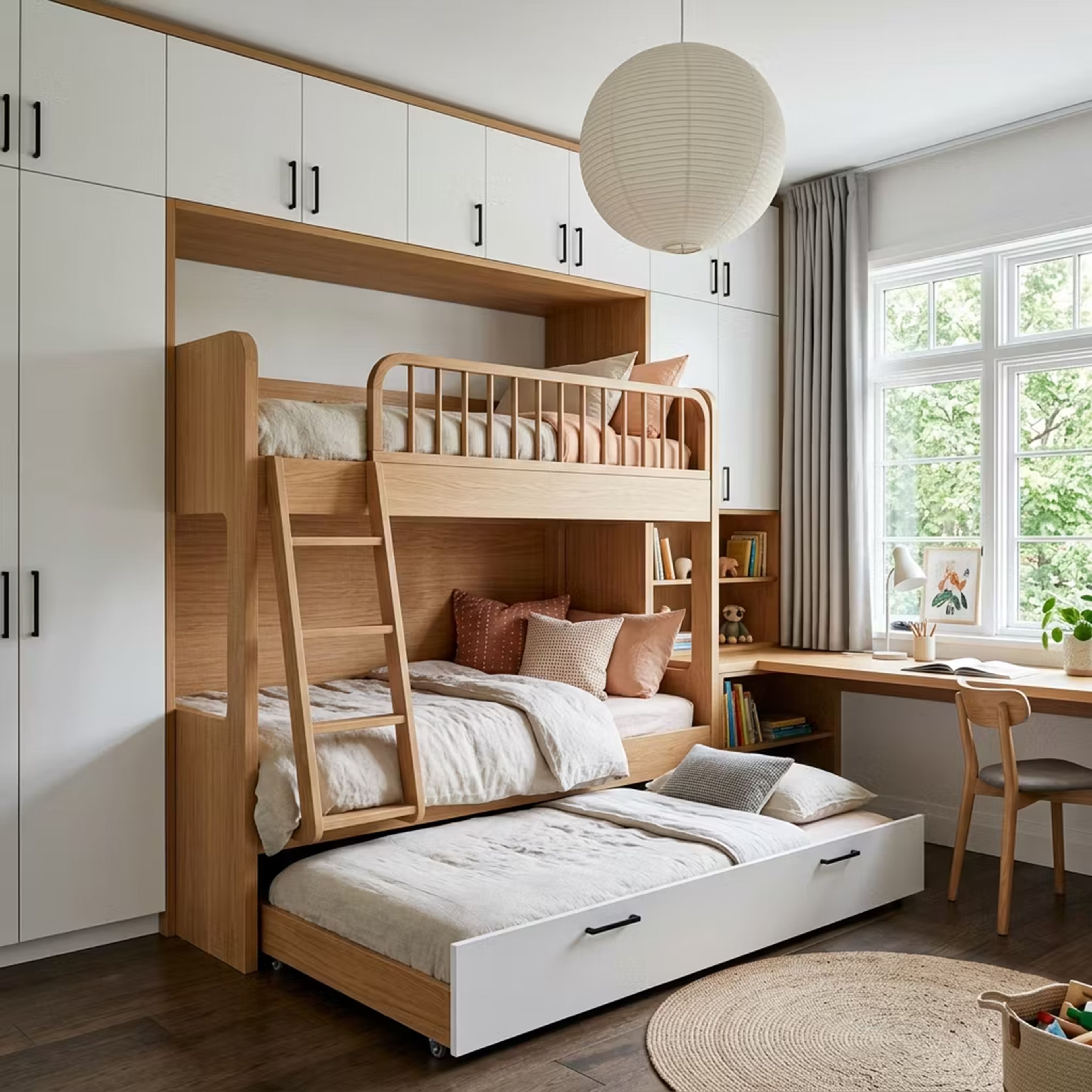 Modern Bunk Bed Space Saving Design with Built-in Study Table and Wardrobes