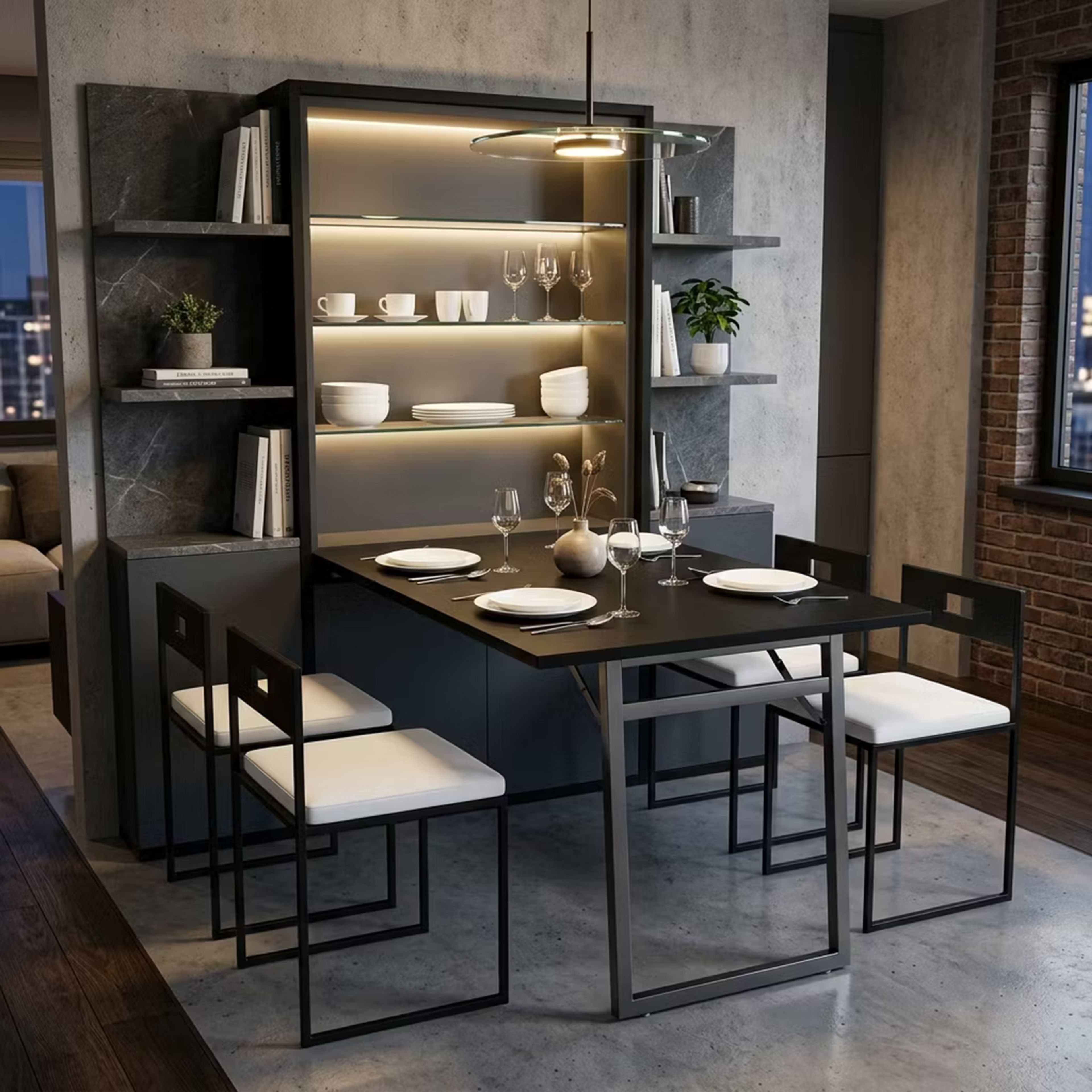 Industrial Fold-Down Dining Table Space Saving Design with LED Cabinet