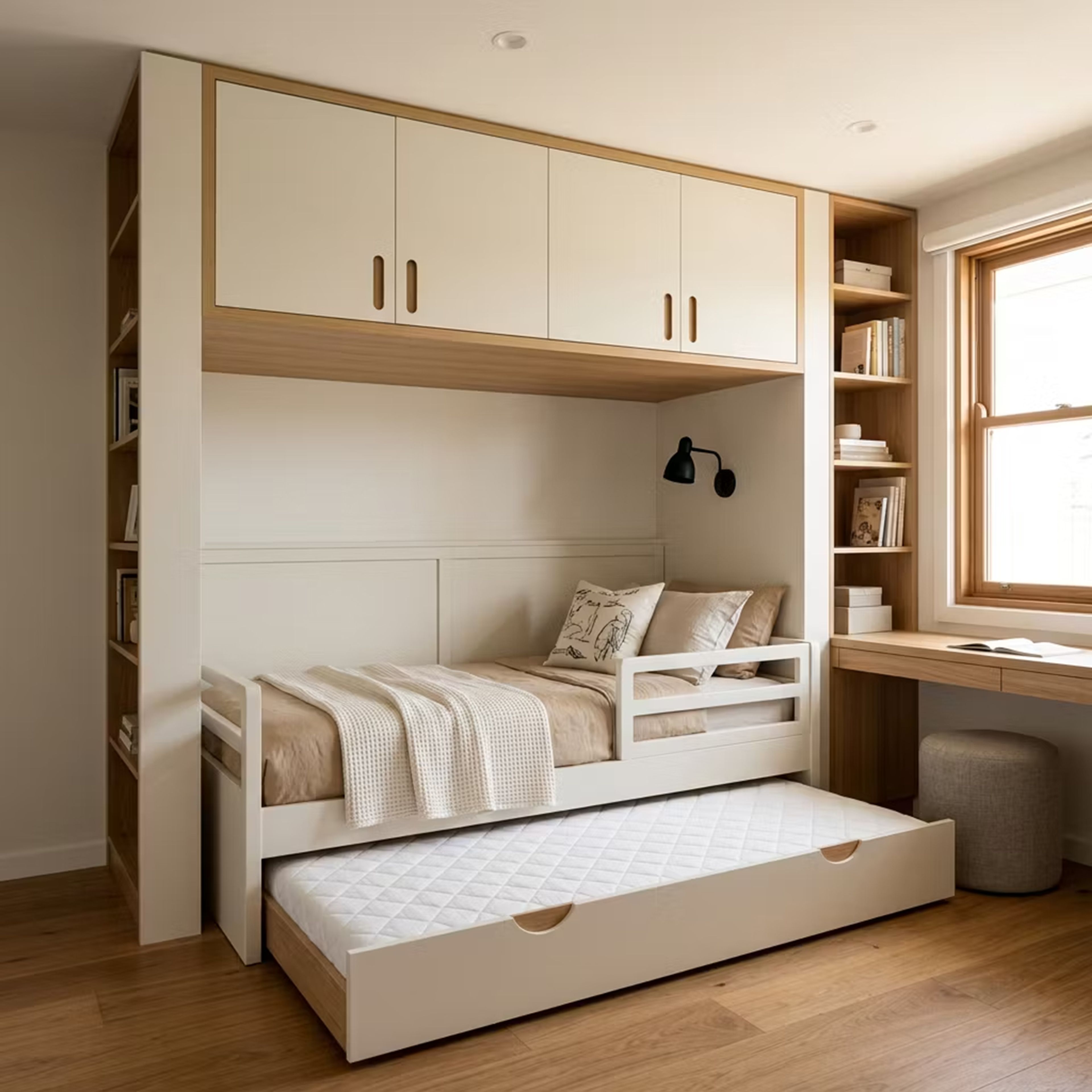 Space Saving Trundle Bed with Integrated Study Desk