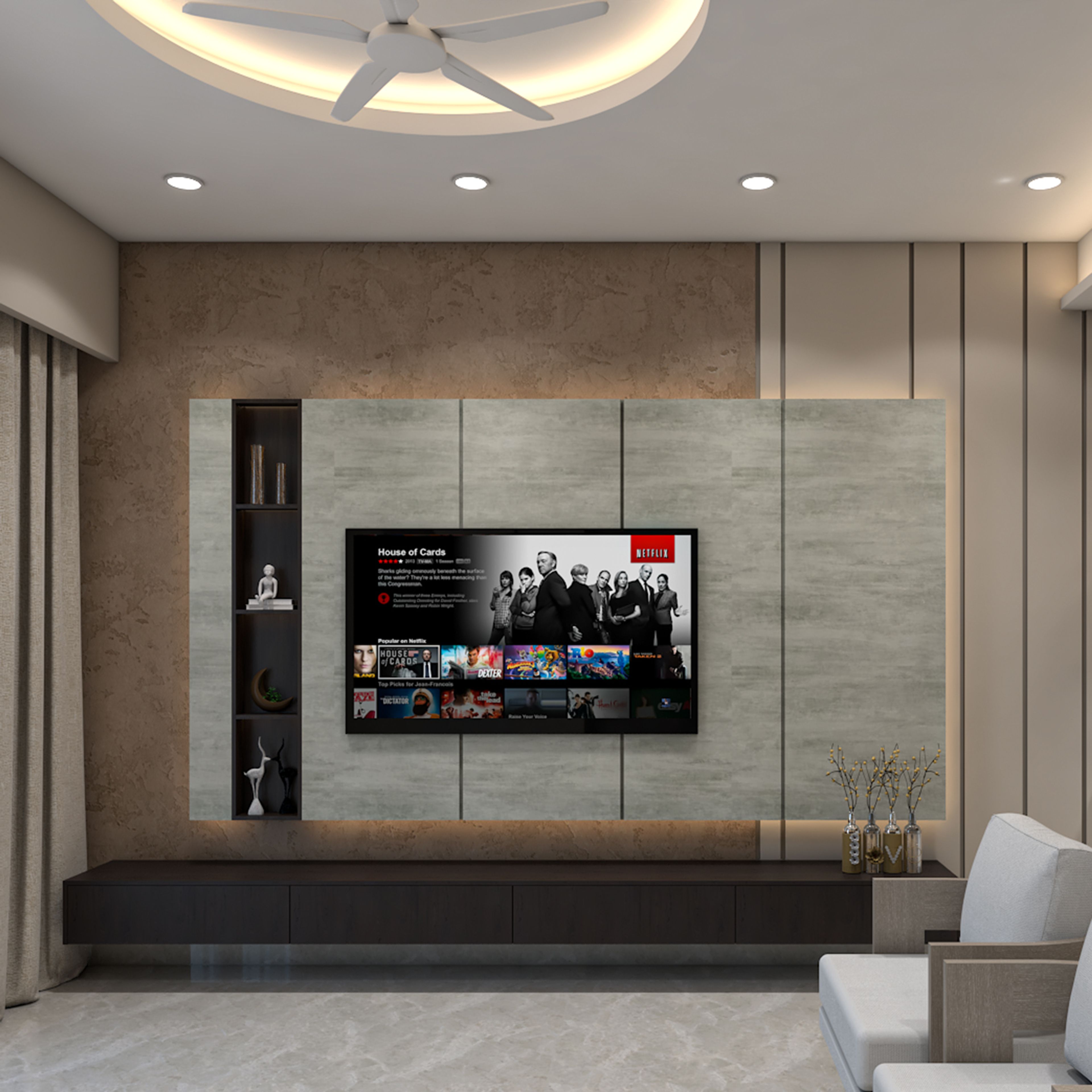 Floating TV Unit Design with Backlit Textured Grey Panels