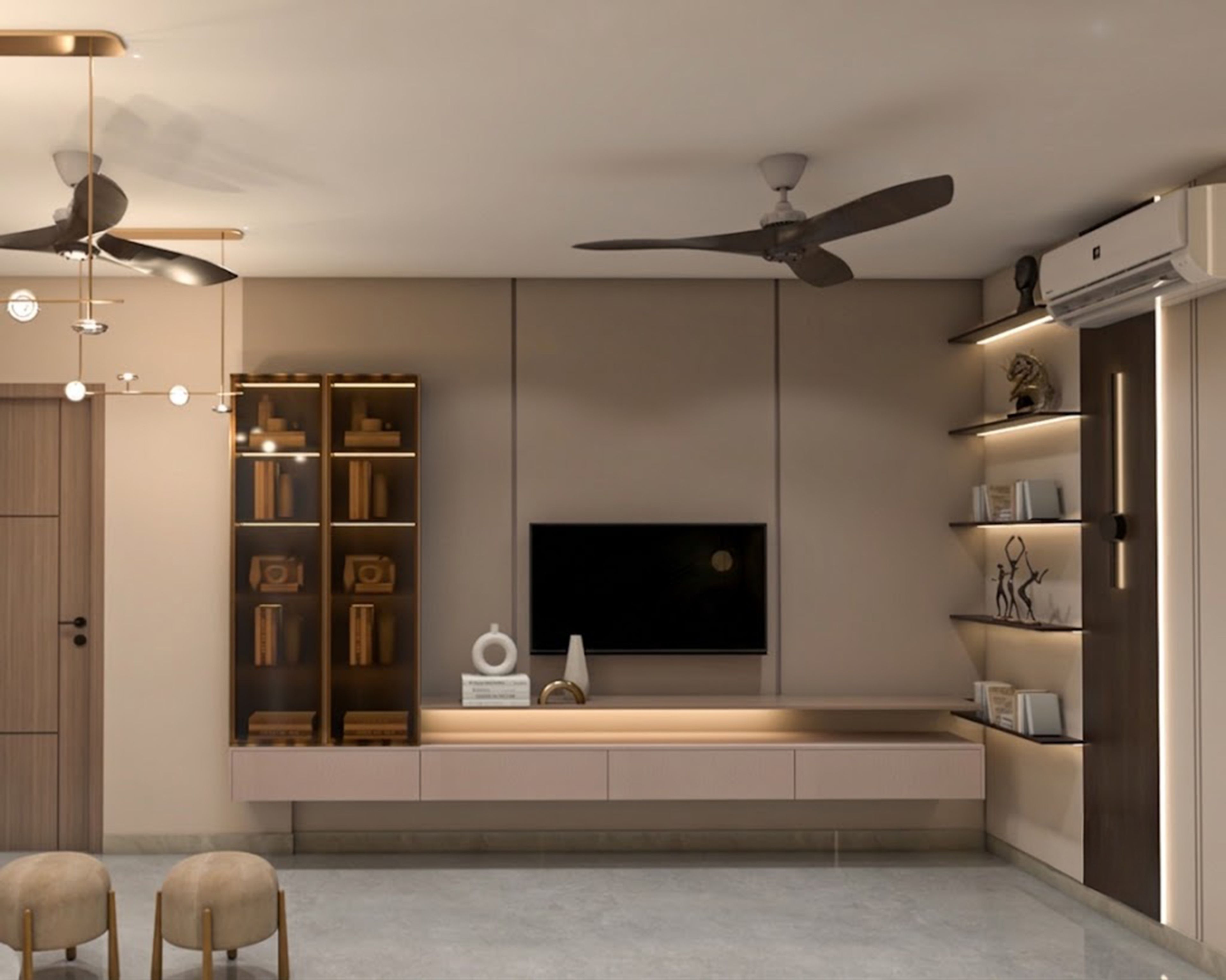 TV Unit Design with Glass Cabinet and Storage