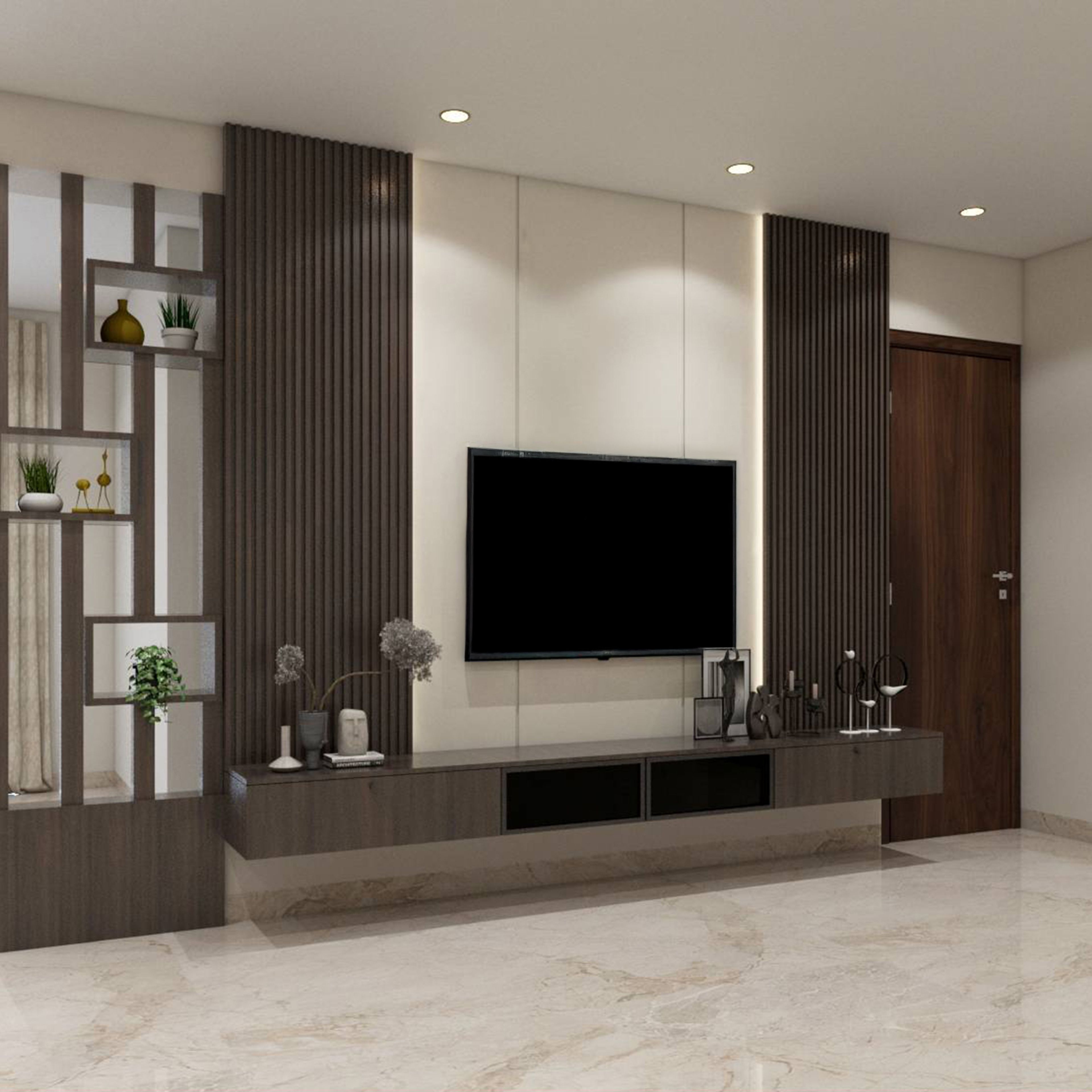 Modern Wooden TV Unit Design with Fluted Panels and Display Partition