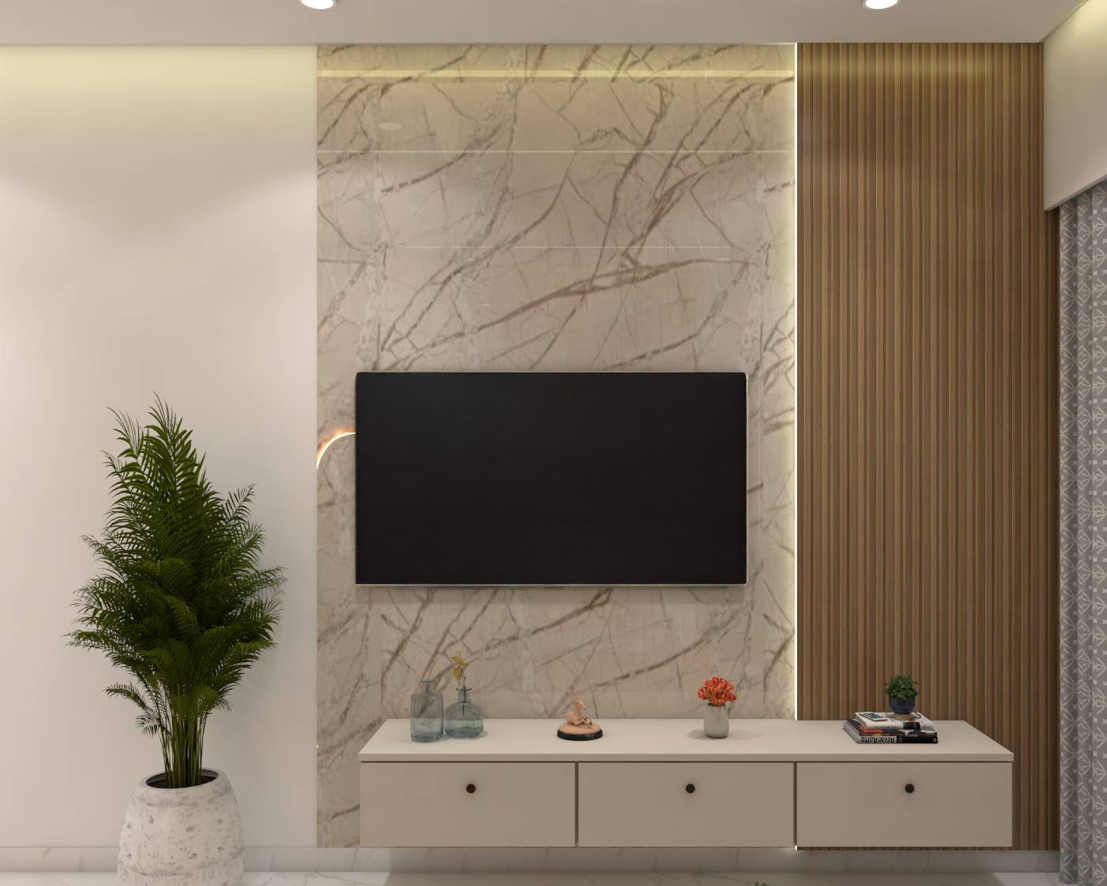 Wall Mounted Champagne Colour TV Unit Design with Marble Slab