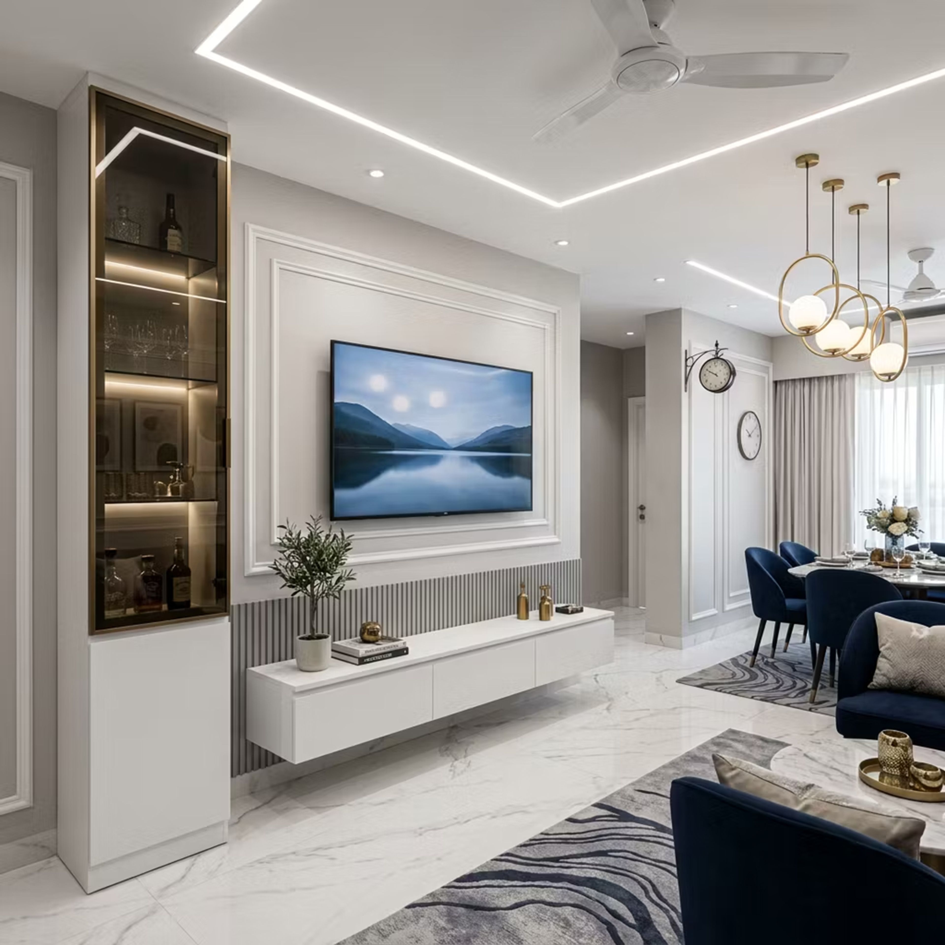 Classic TV Unit Design with Fluted Panels and Illuminated Bar Unit