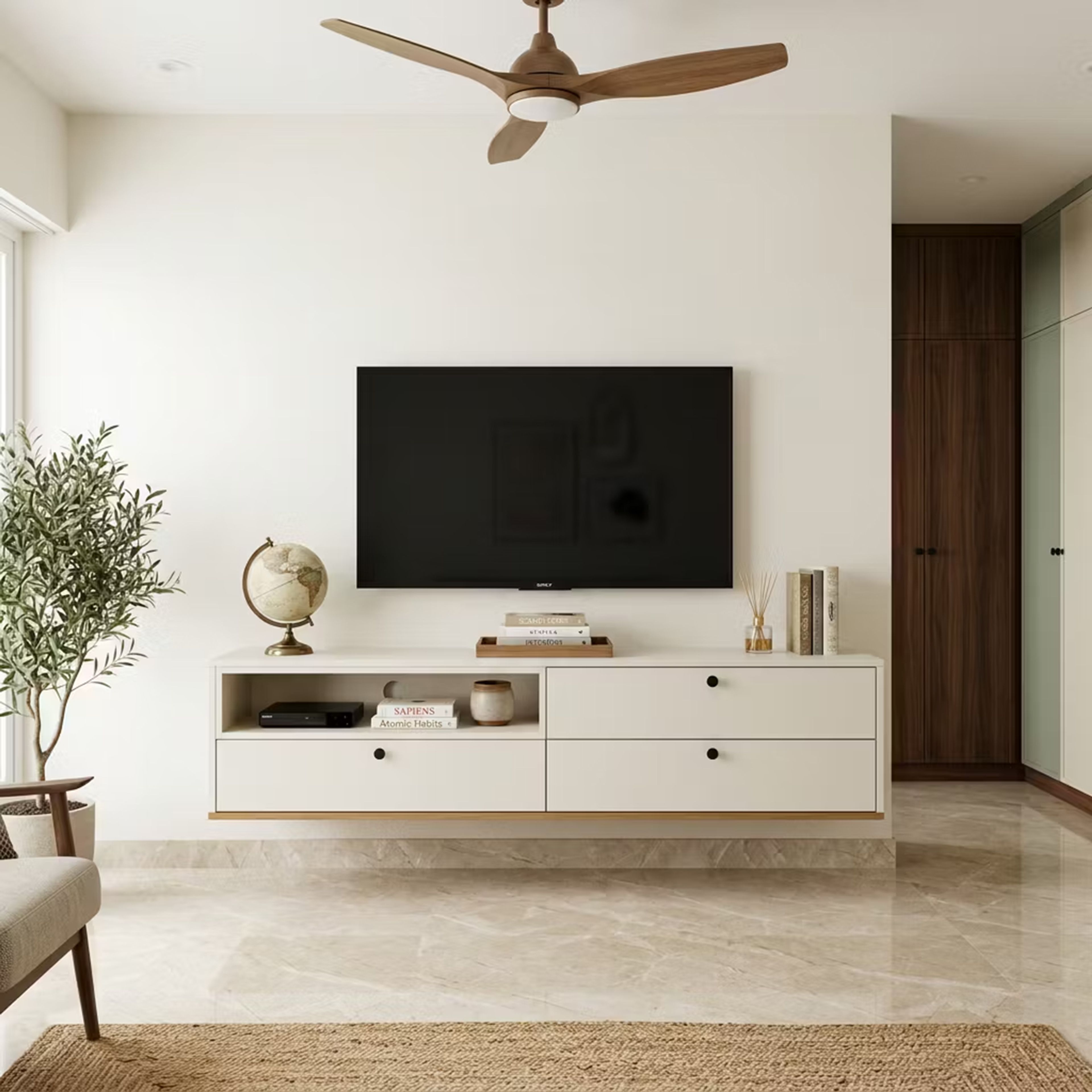 White Scandinavian TV Unit Design with an Open Media Compartment