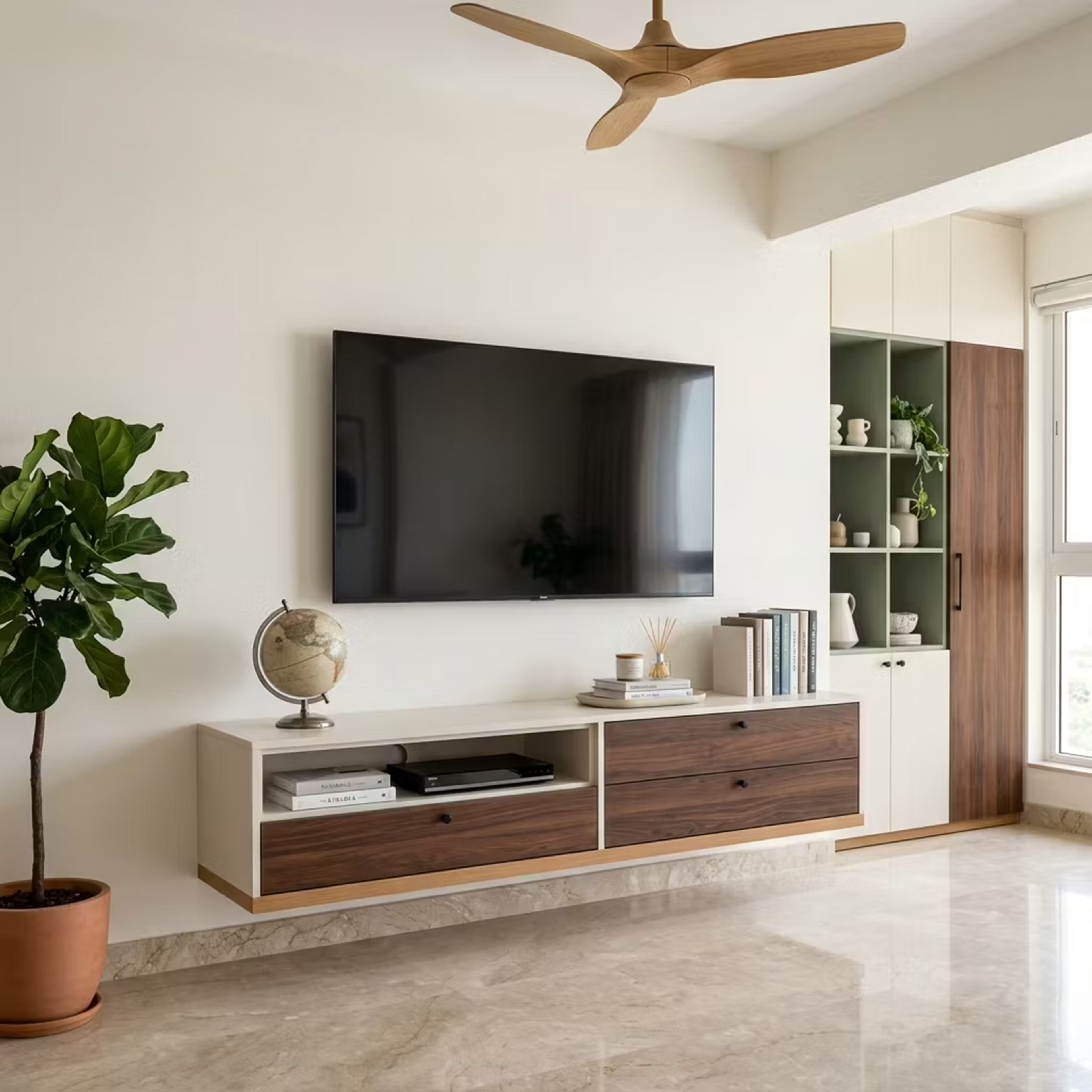 Scandinavian Wood Finish TV Unit Design with a Tall Storage Cabinet