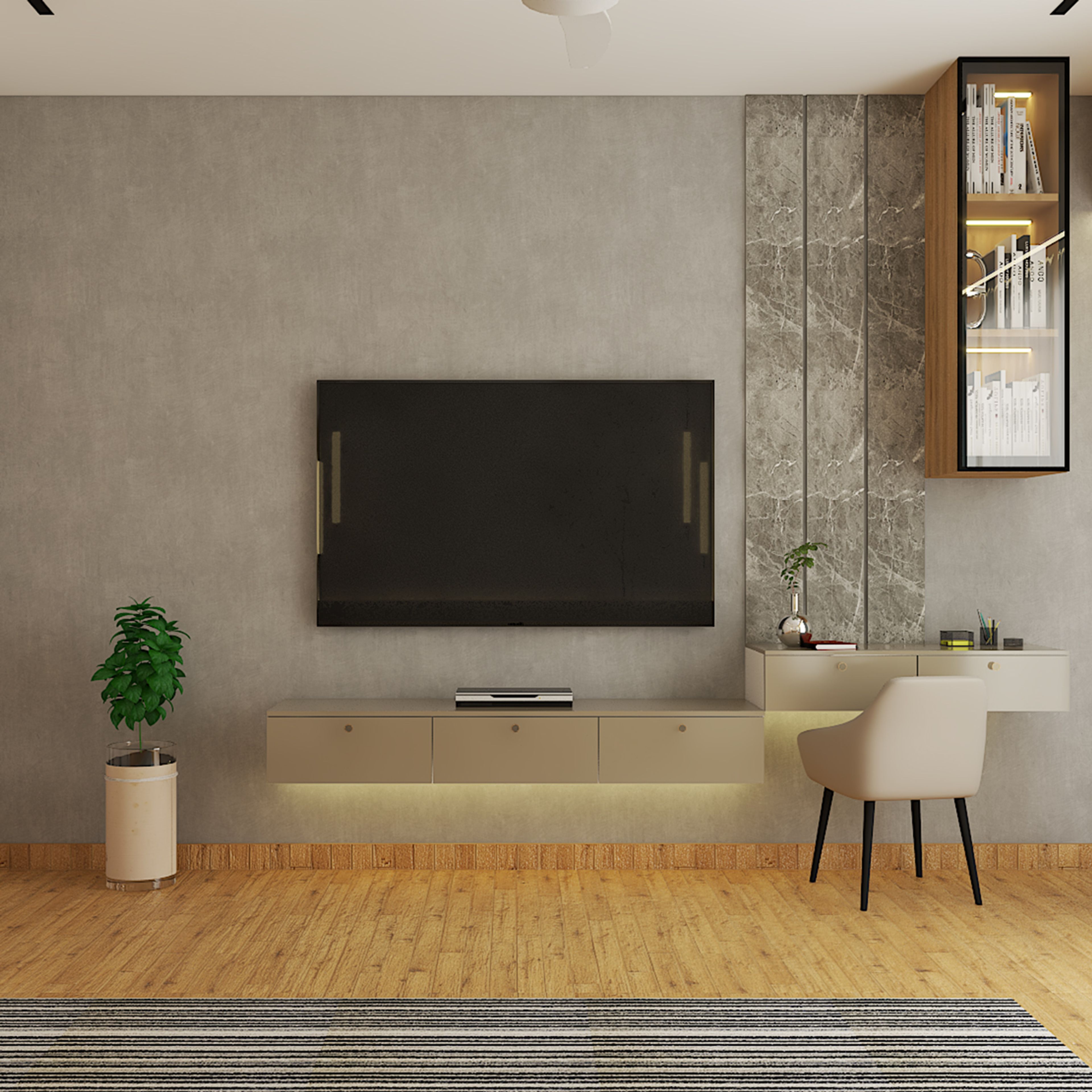 Floating Champagne TV Unit Design with Attached Workstation
