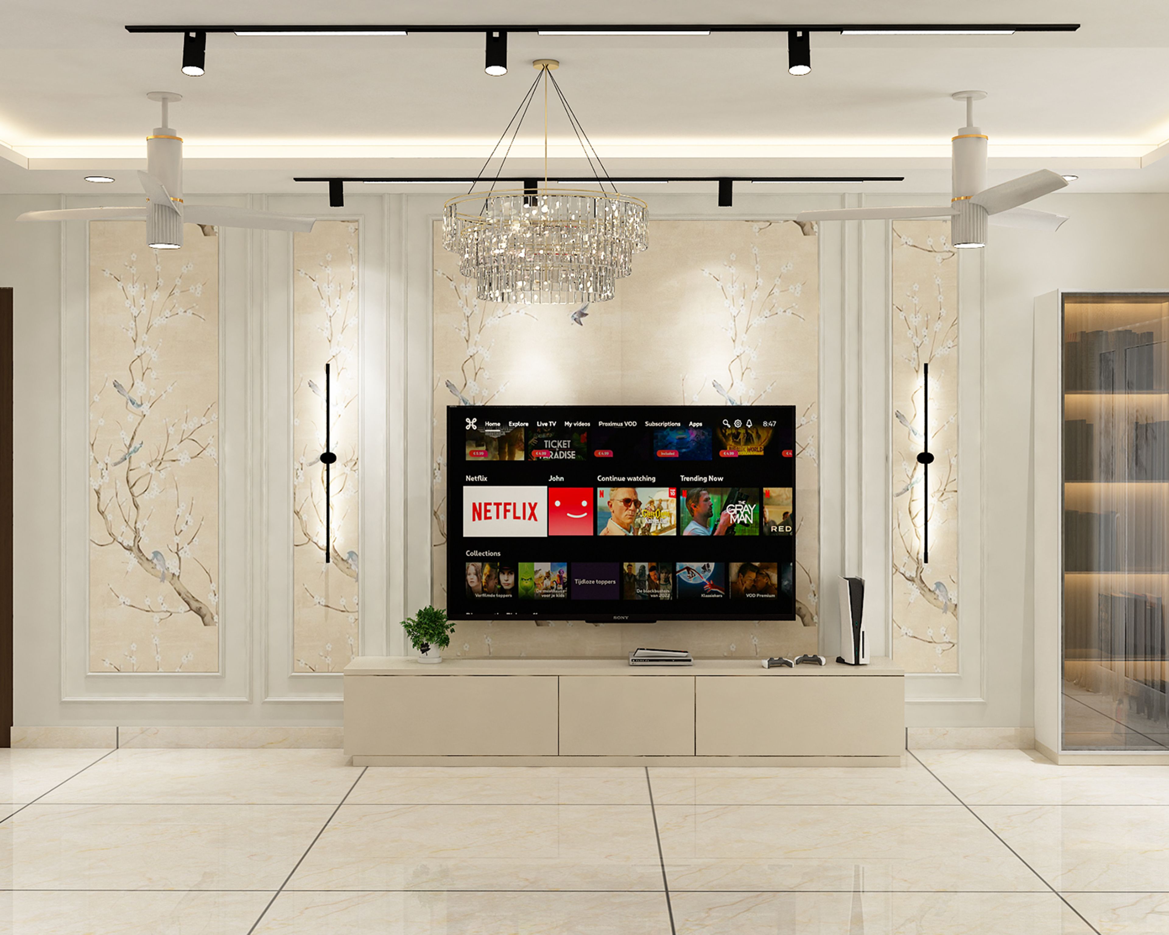 White Floor-Standing TV Unit Design with Wall Moldings