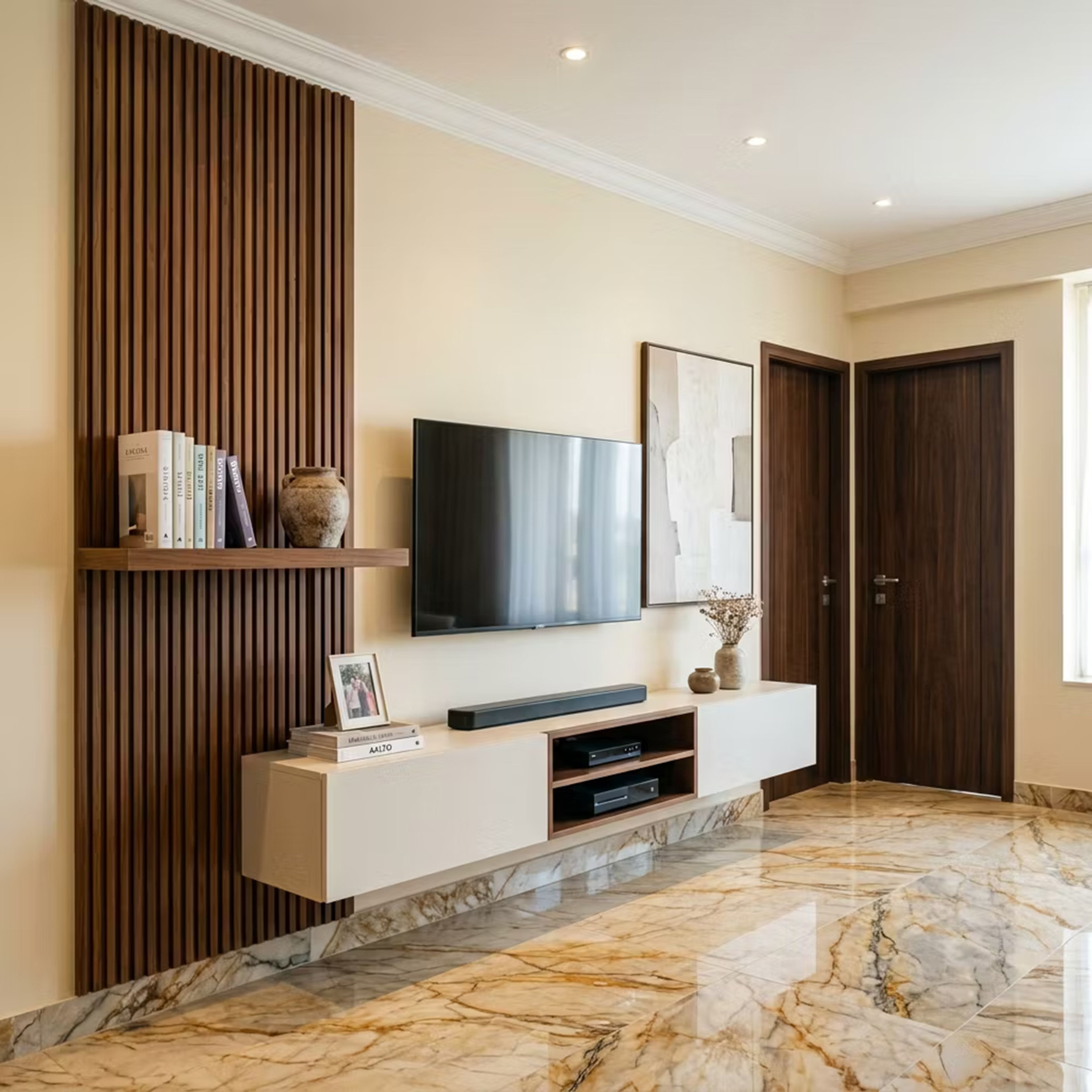 Floating White TV Unit Design with Wood Fluted Wall Panel