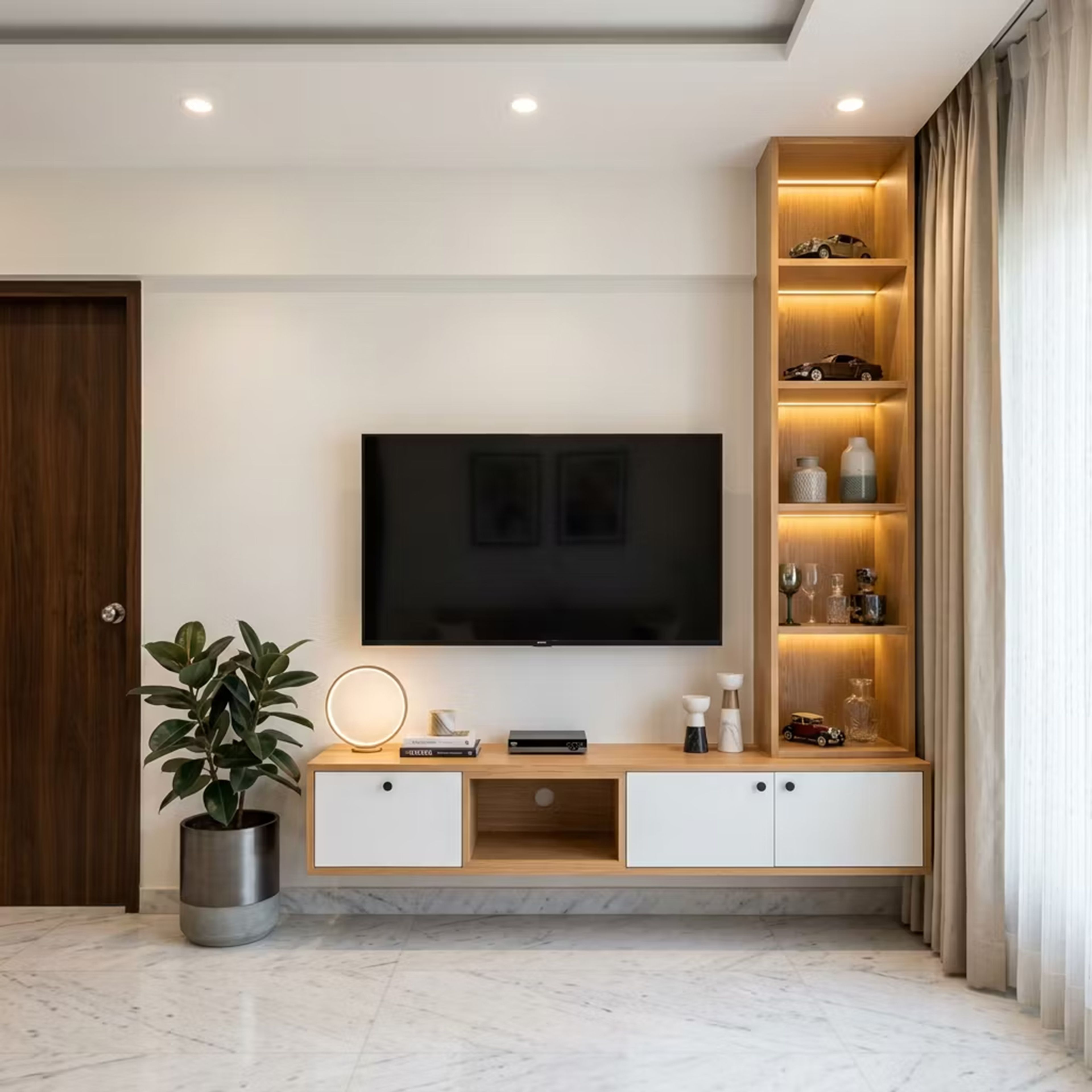 Wall-Hung White and Walnut TV Unit with Open Bookshelf