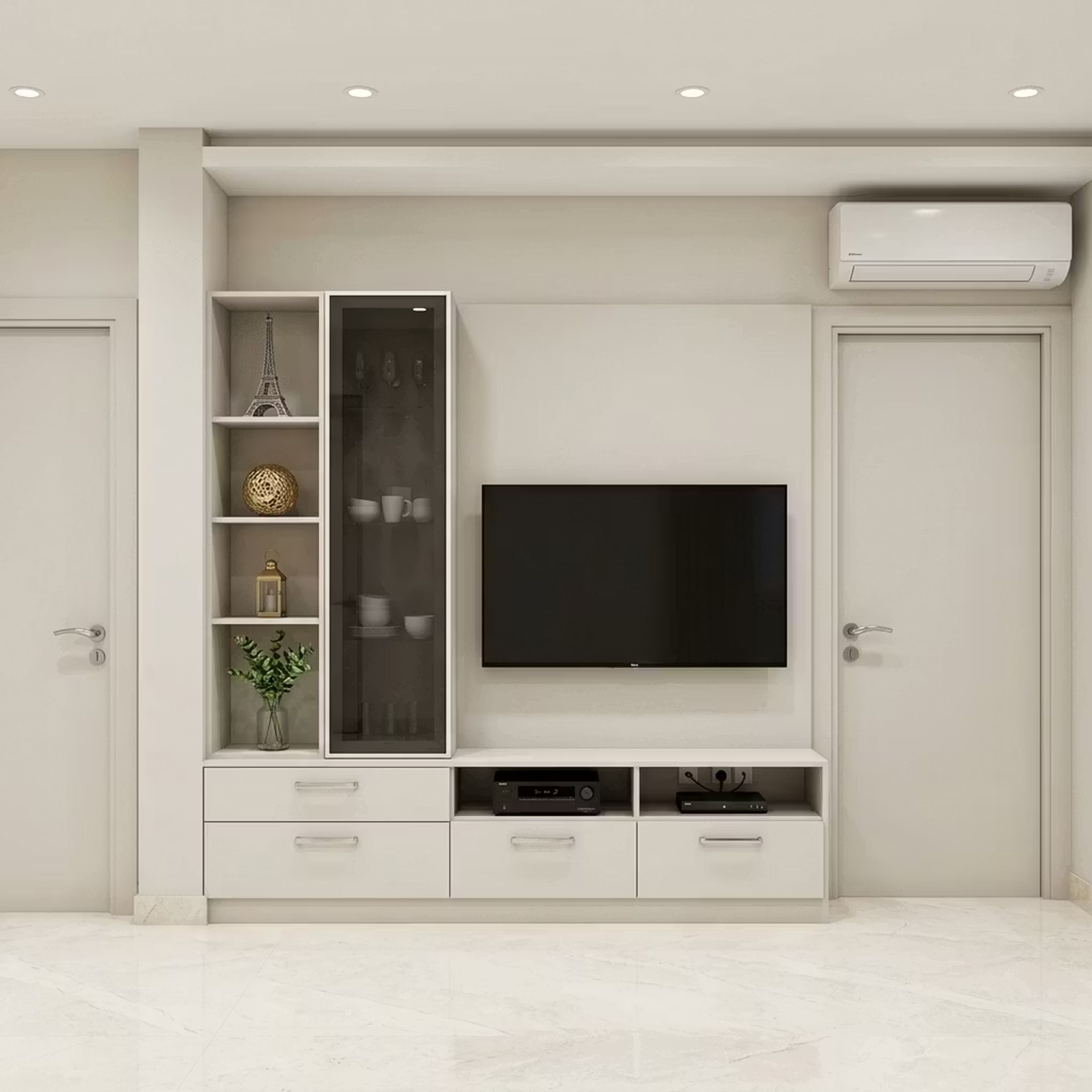 Floor-Standing White TV Unit with Glass Display Cabinet
