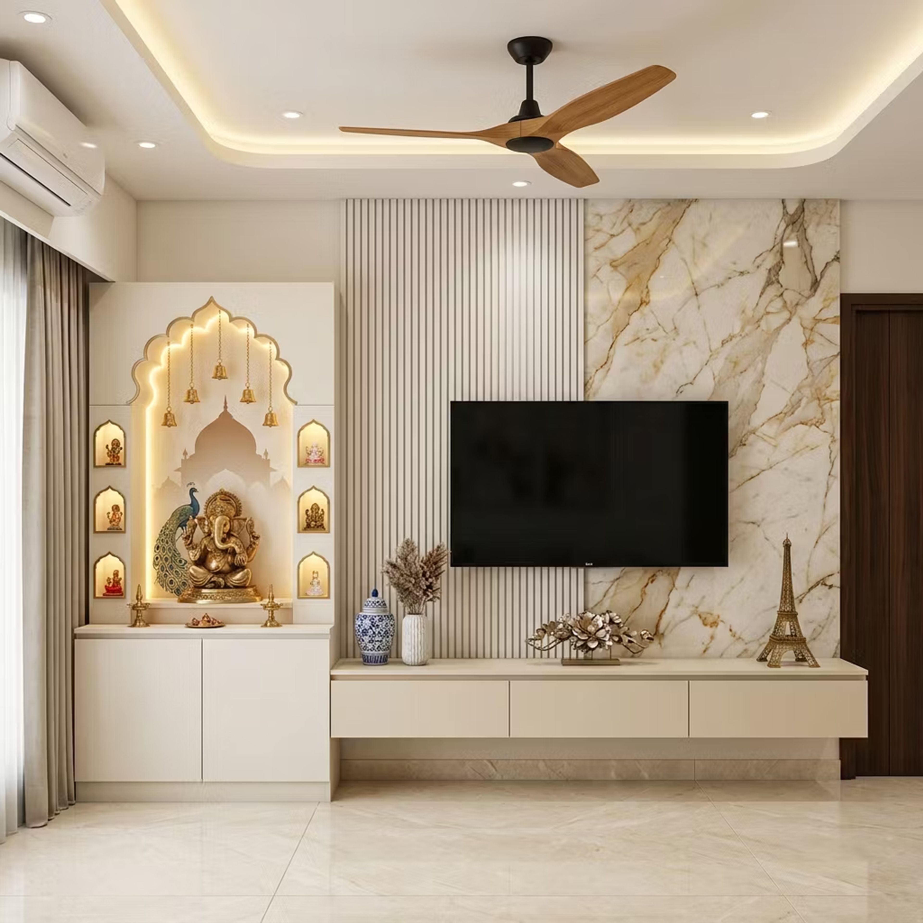 Floating Champagne TV Unit Design with Integrated Mandir