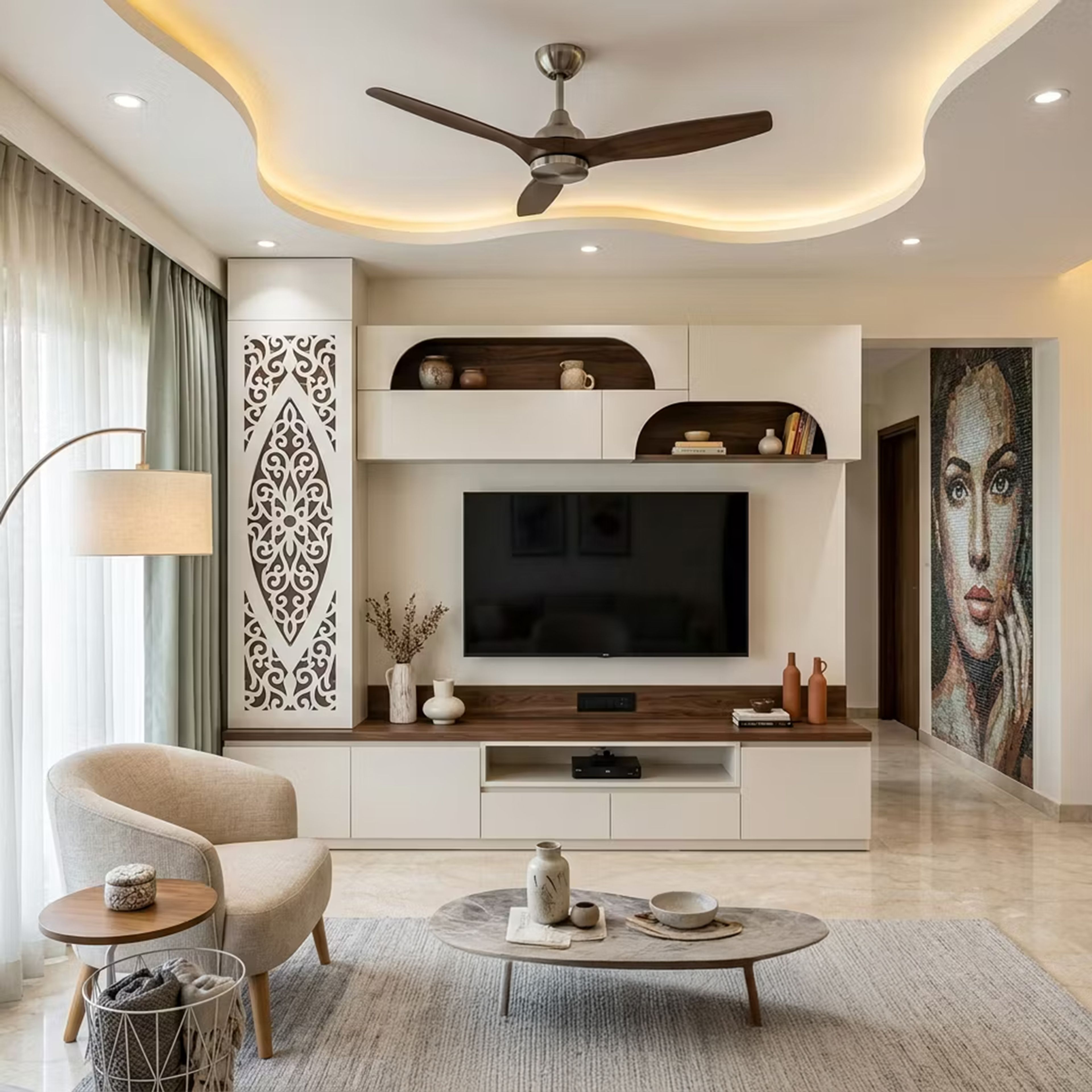 Floor-Standing White TV Unit with Jali Panel and Overhead Cabinets