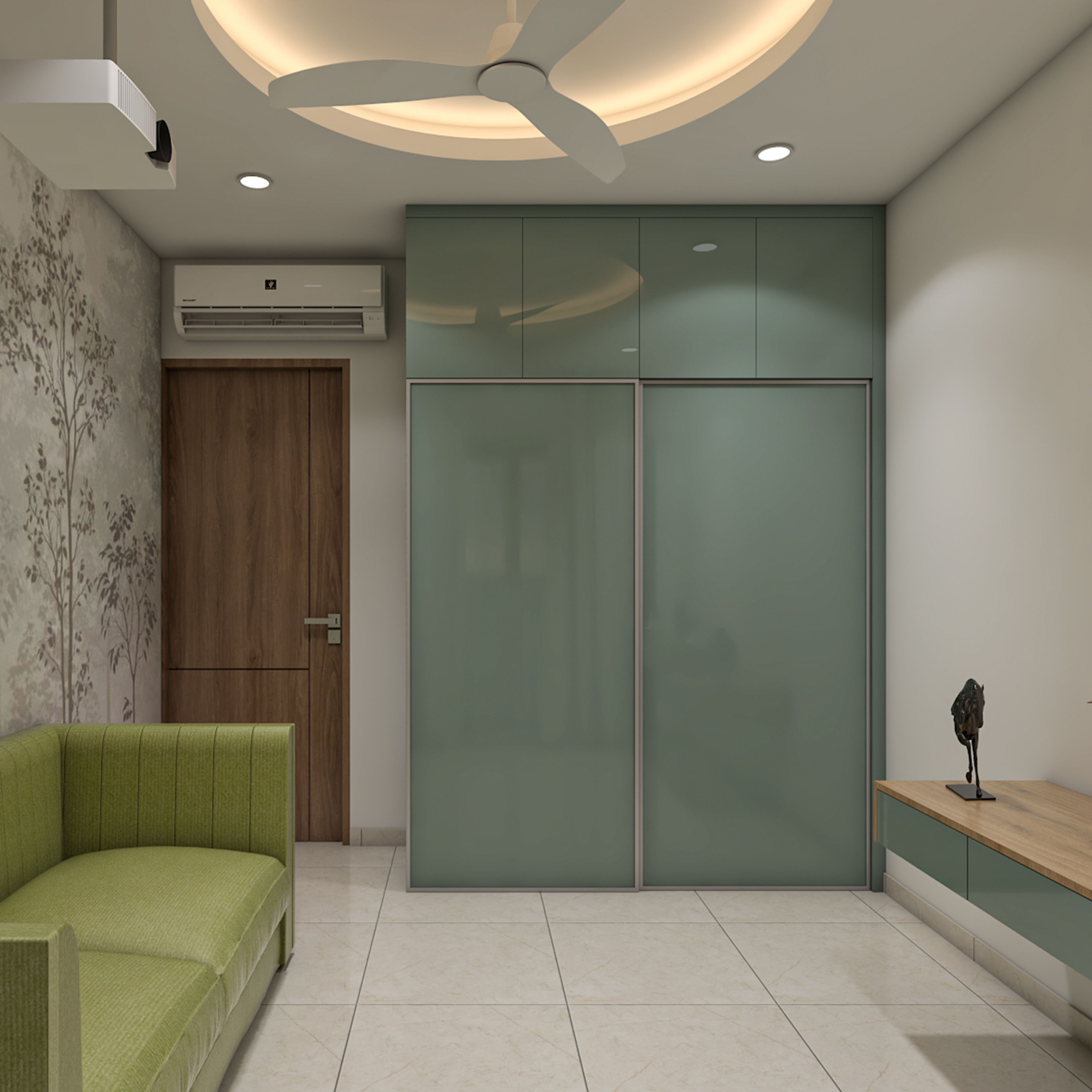Contemporary Wardrobe Design with Glossy Teal Sliding Doors and Console