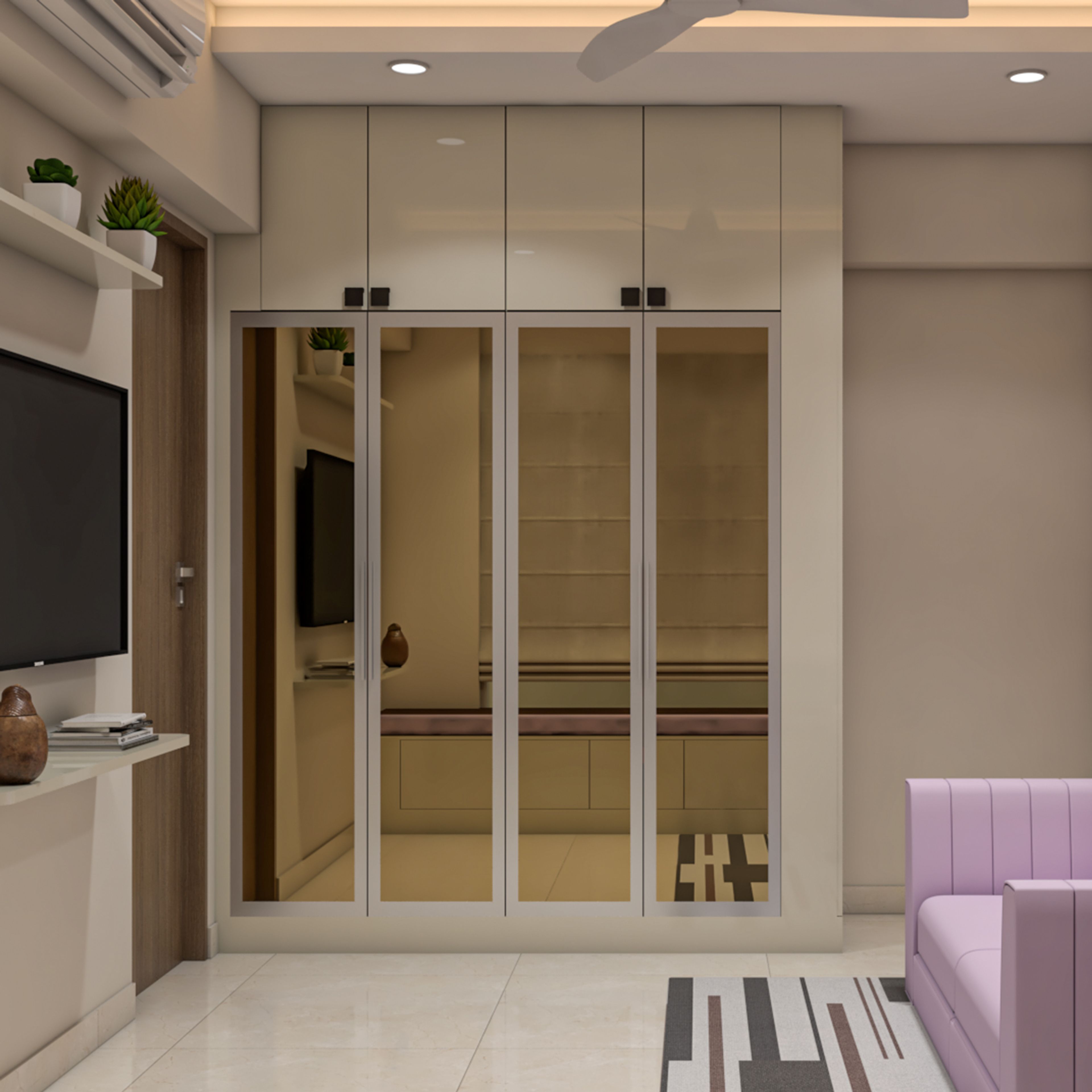 Contemporary Wardrobe Design with Four Doors and Lower Mirrored Shutters