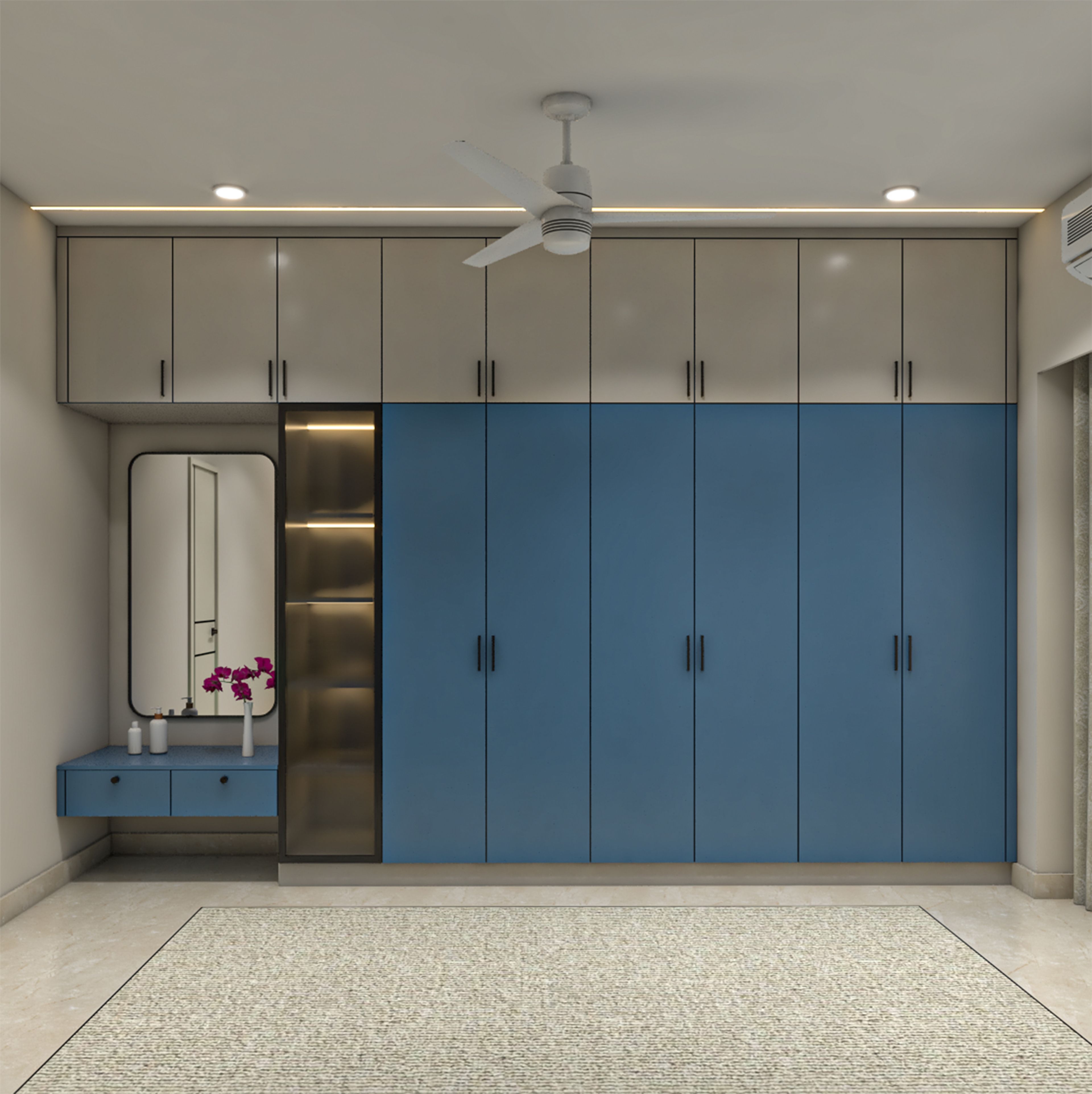 Modern Wardrobe Design with Integrated Vanity Mirror and Glass Display