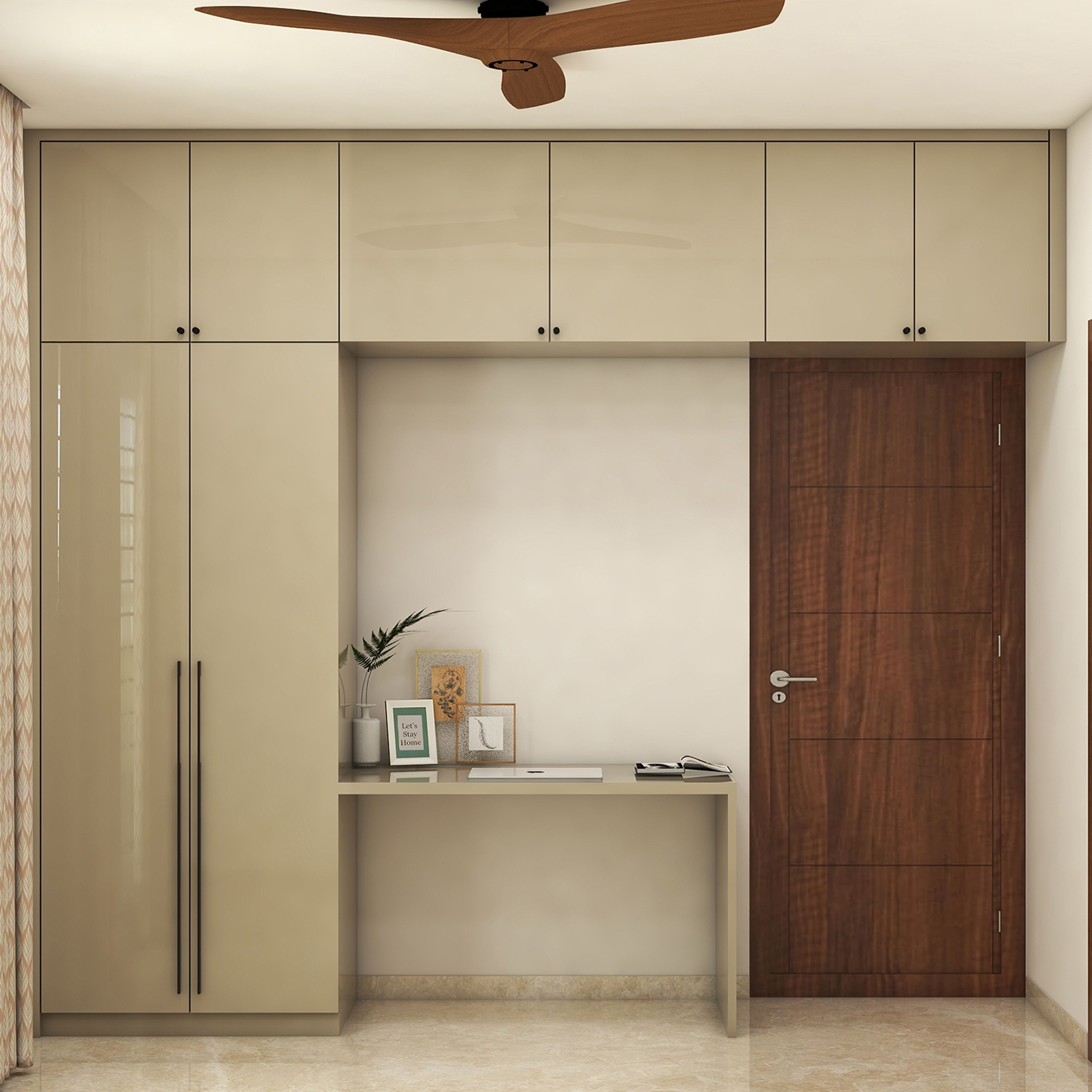Minimal Wardrobe Design with Integrated Study Desk and Overhead Storage