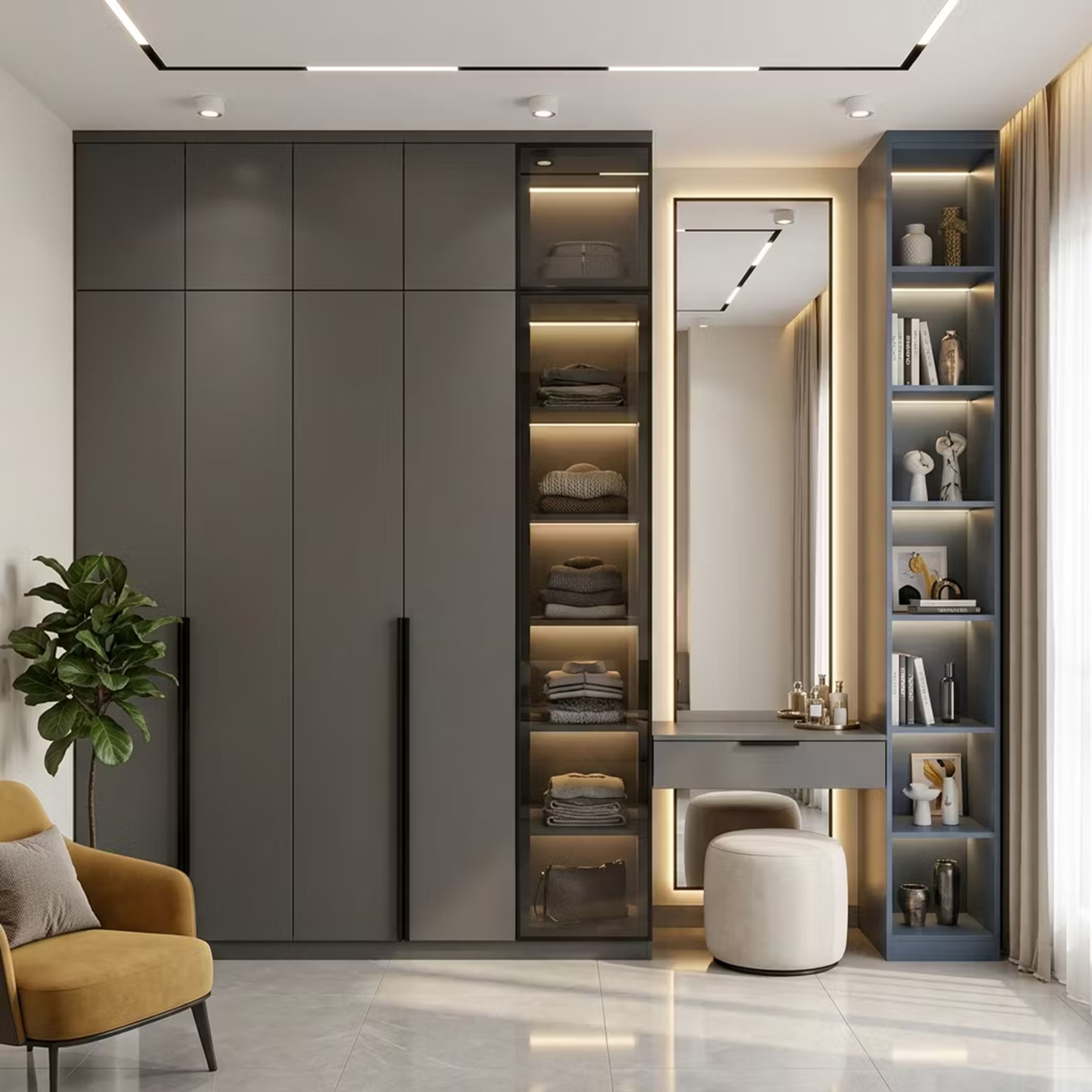 Modern 5-Door Matte Grey Swing Wardrobe Design with Glass Display