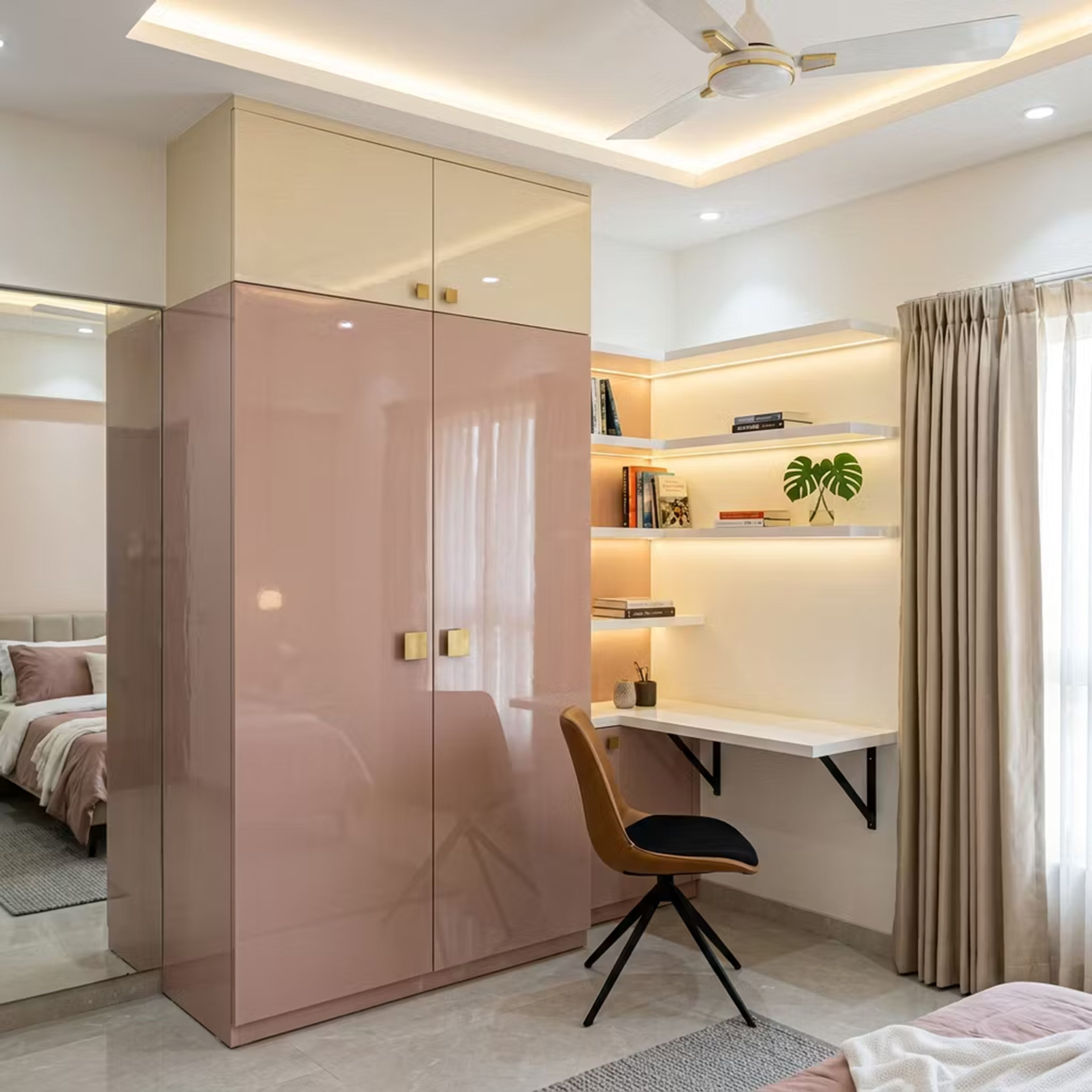 Contemporary 2-Door High-Gloss Swing Wardrobe Design with Study Unit
