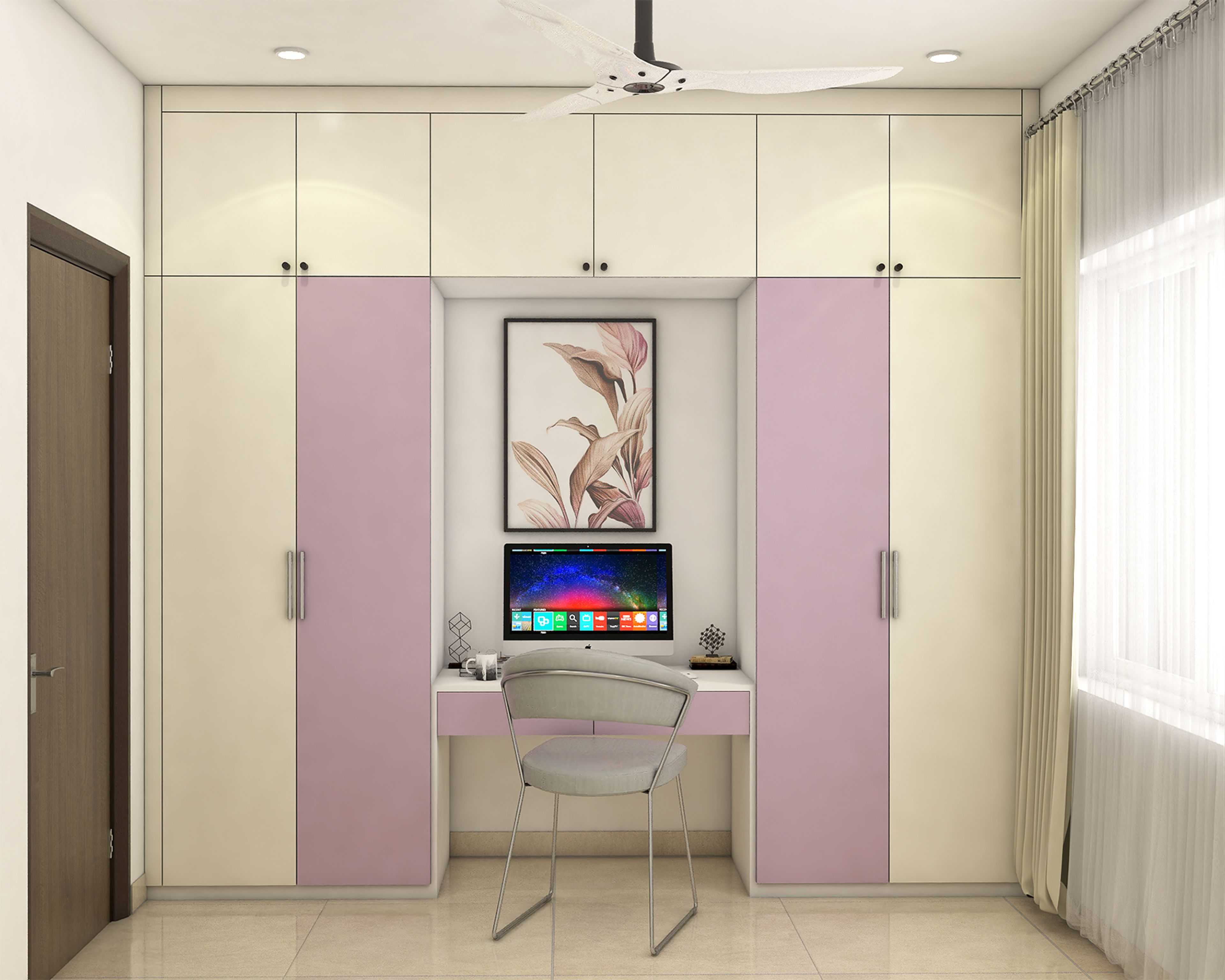 White and Lavender Swing Wardrobe Design with Central Study Table Nook