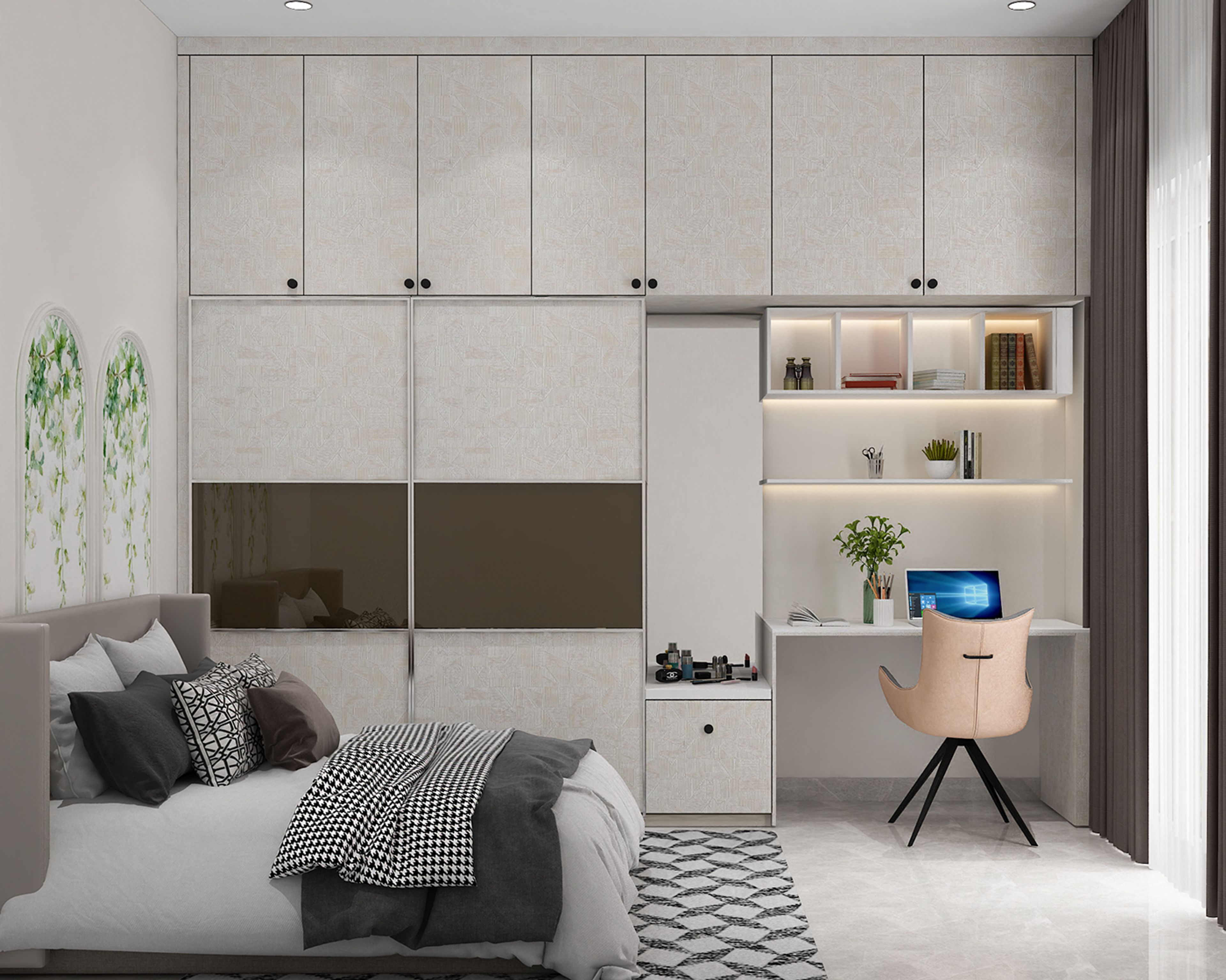 Handspun Cambric Sliding Door Wardrobe Design with Vanity Mirror and Study Table