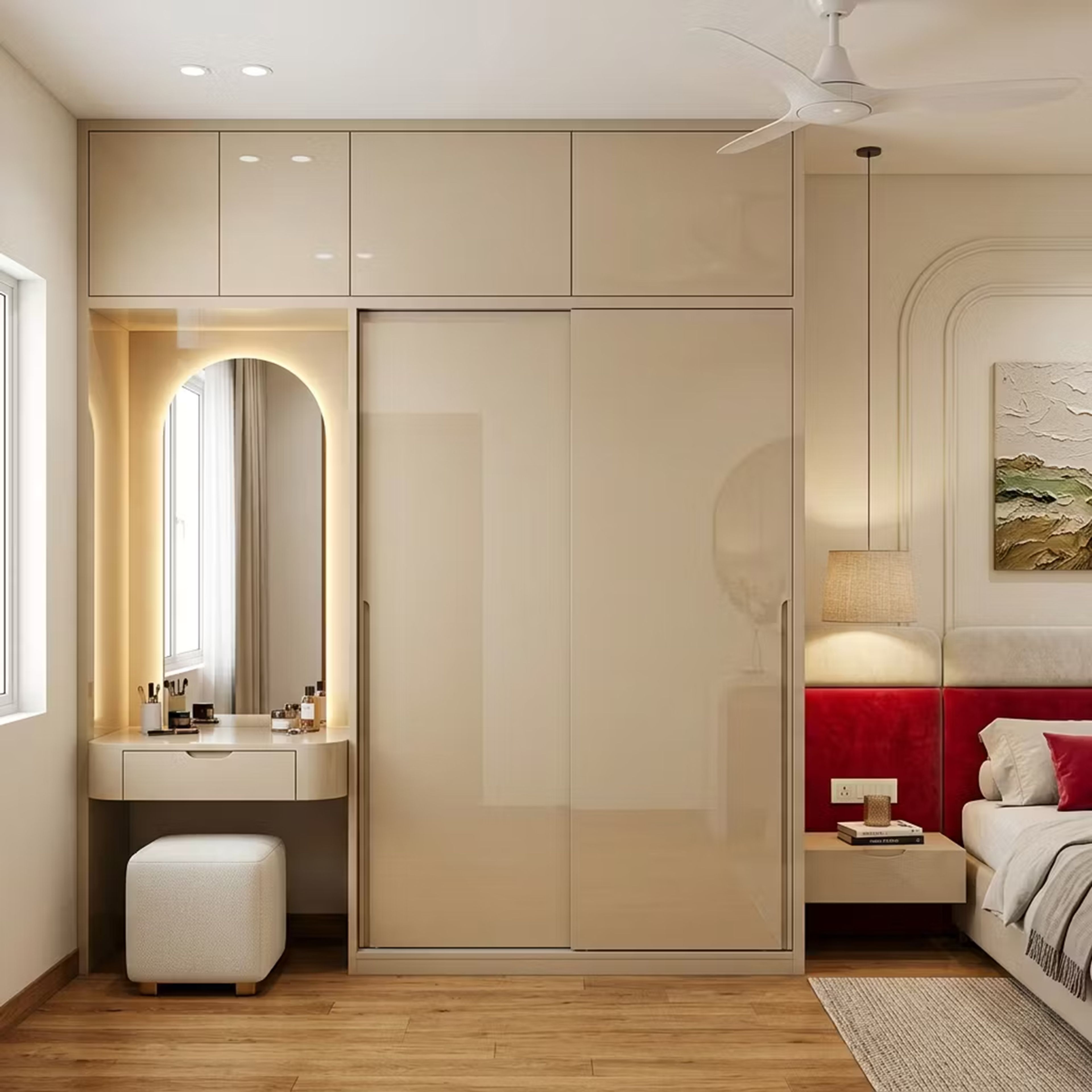 Cream High-Gloss Sliding Wardrobe Design with Dresser Mirror