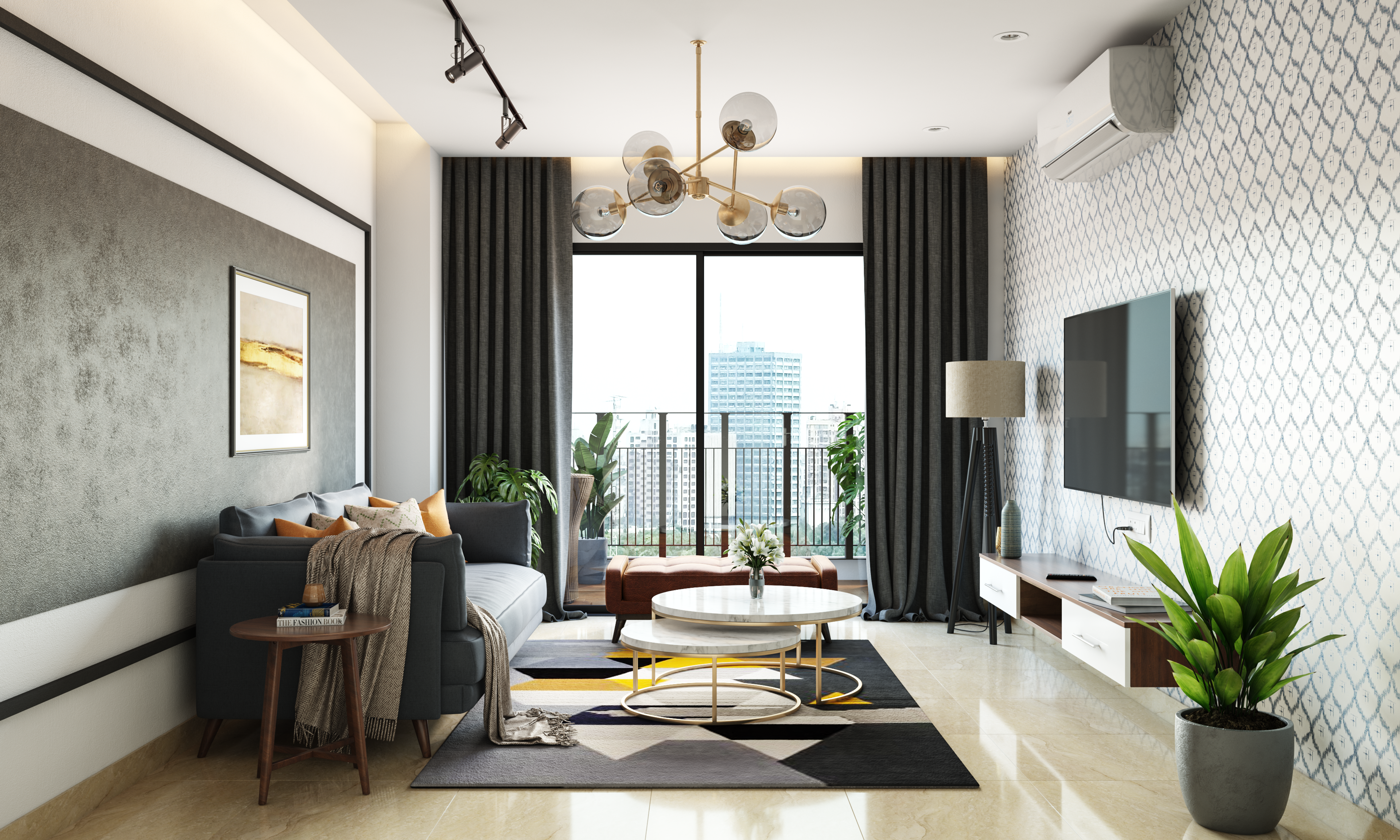 Modern Spacious Living Room Design With Wall Frames