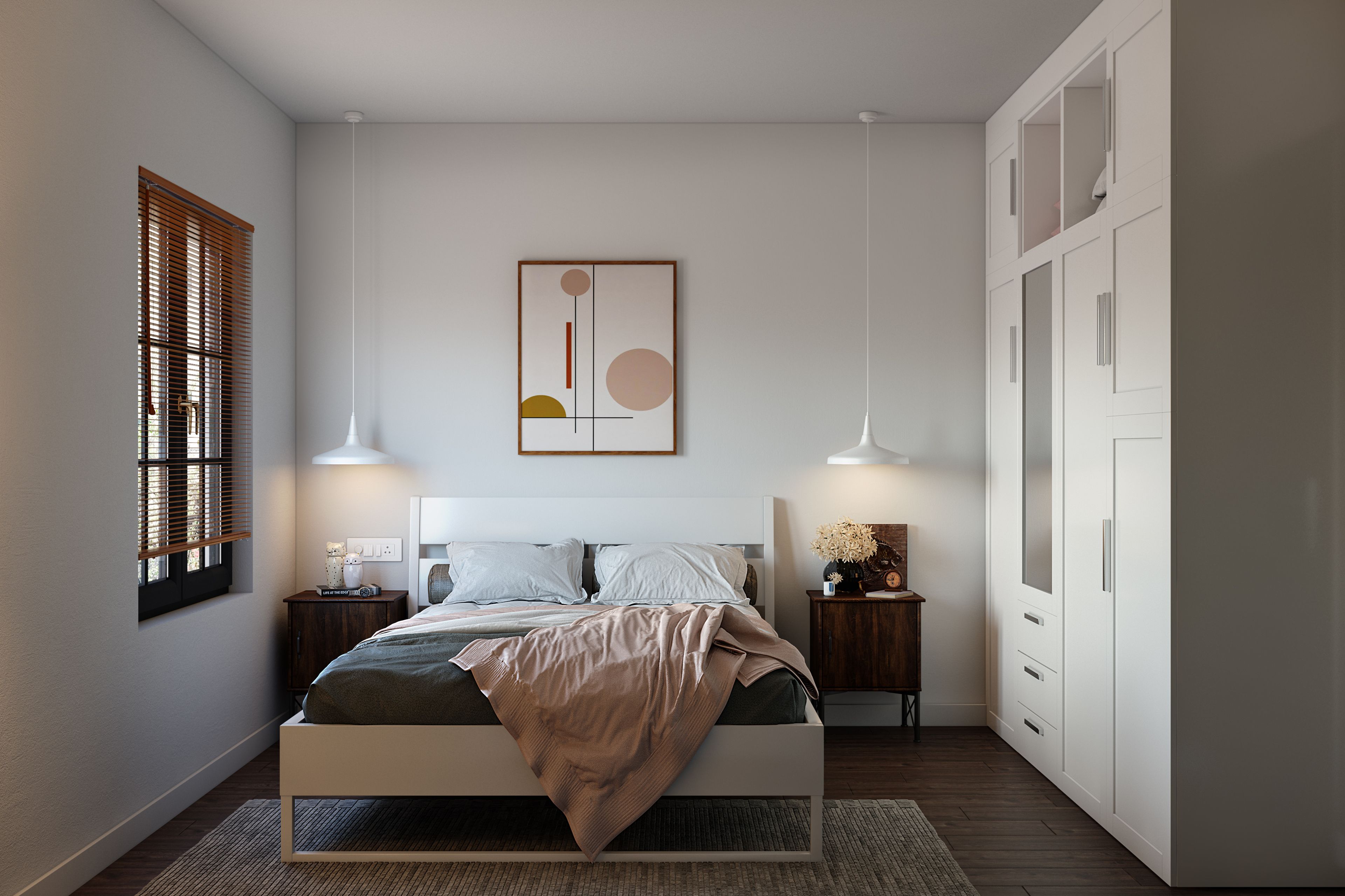 Modern Bedroom Design With Wardrobe And Wooden Flooring