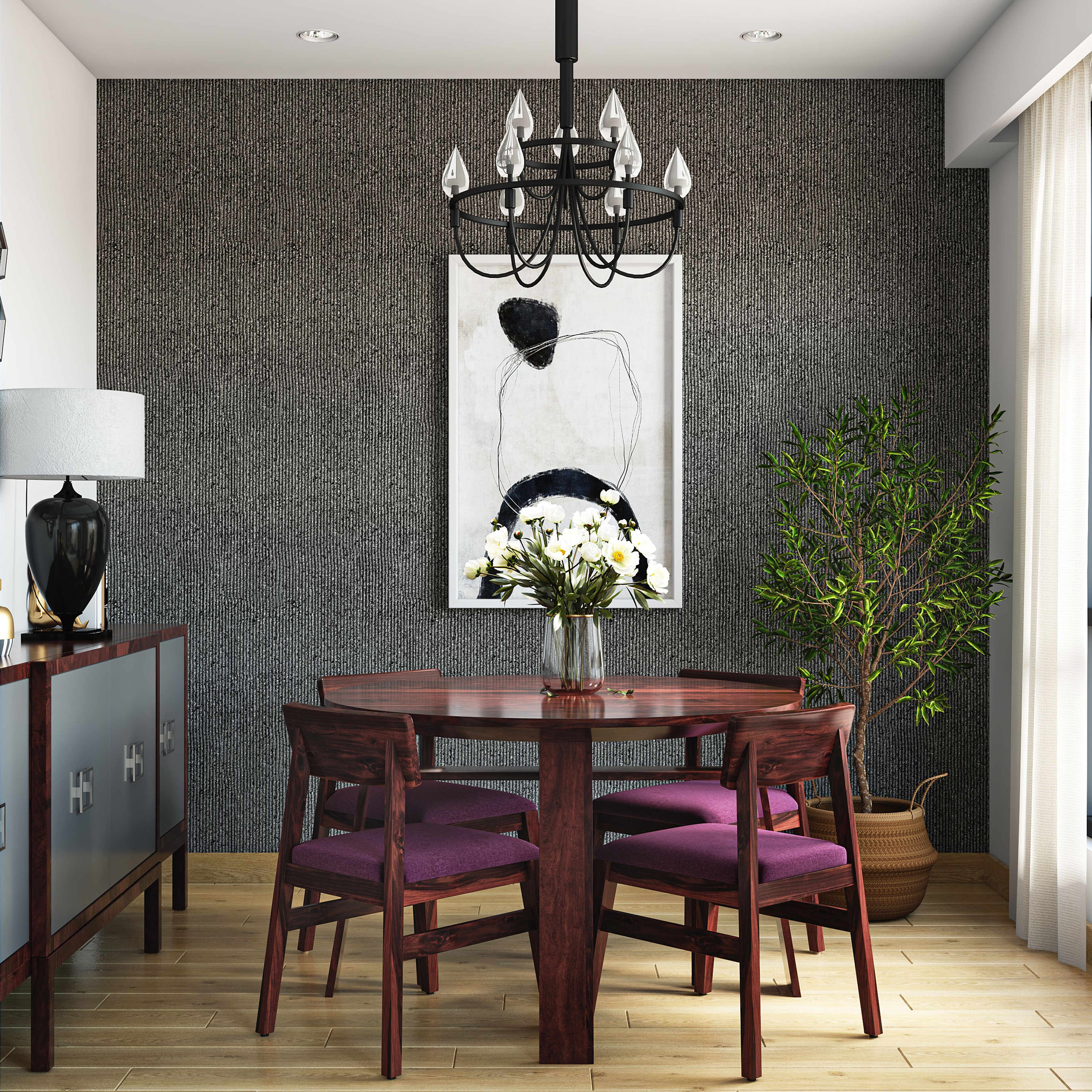 Modern Dining Room With Purple Chairs - Livspace