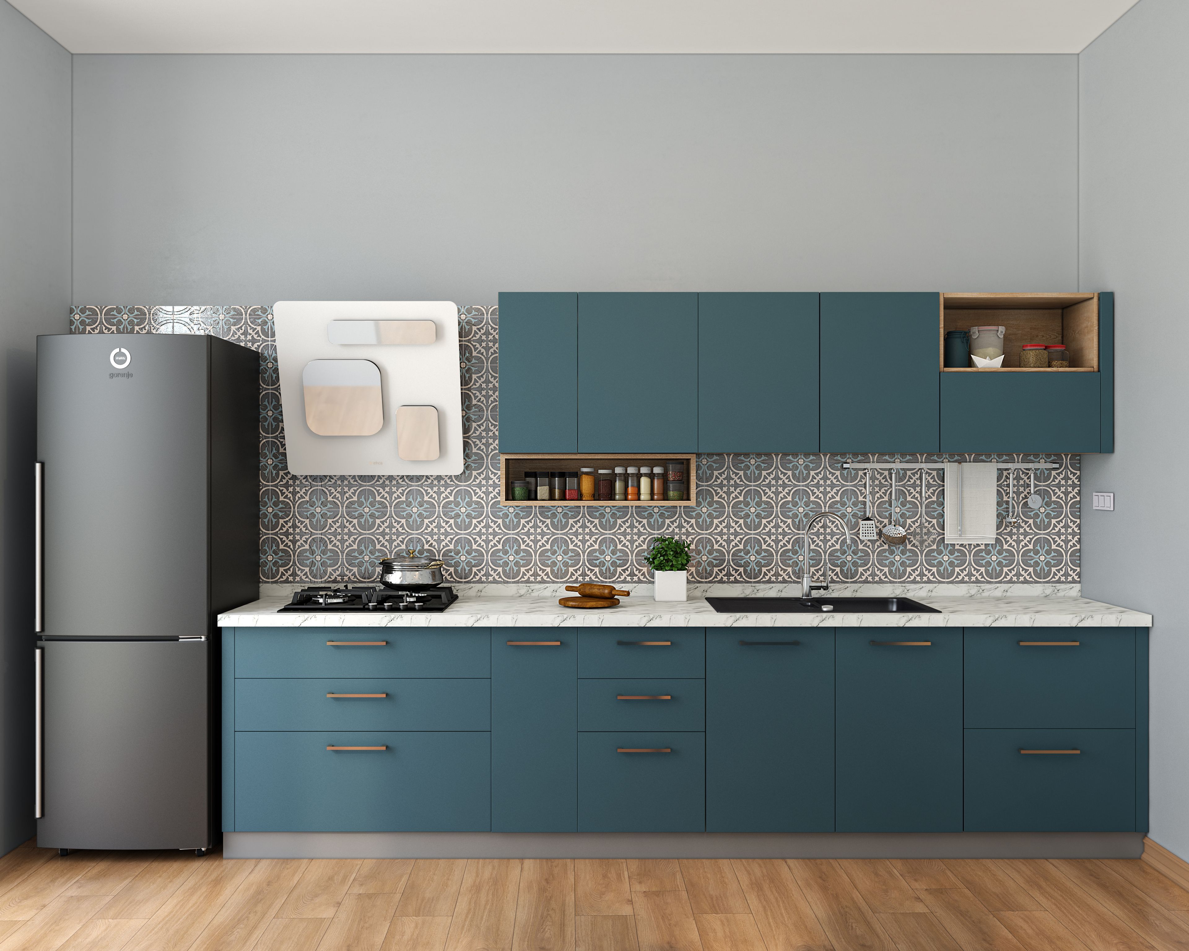Teal Blue Modern Kitchen - Livspace