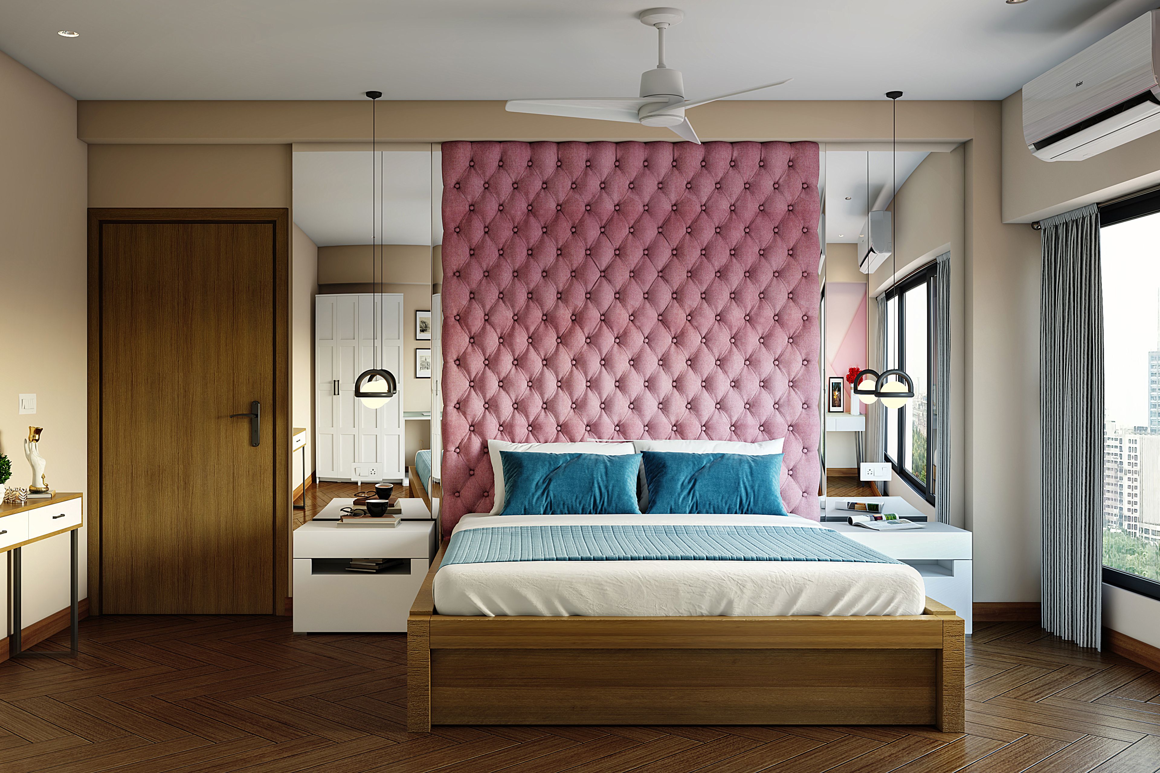 Spacious Master Bedroom Design With Pink Accent Wall