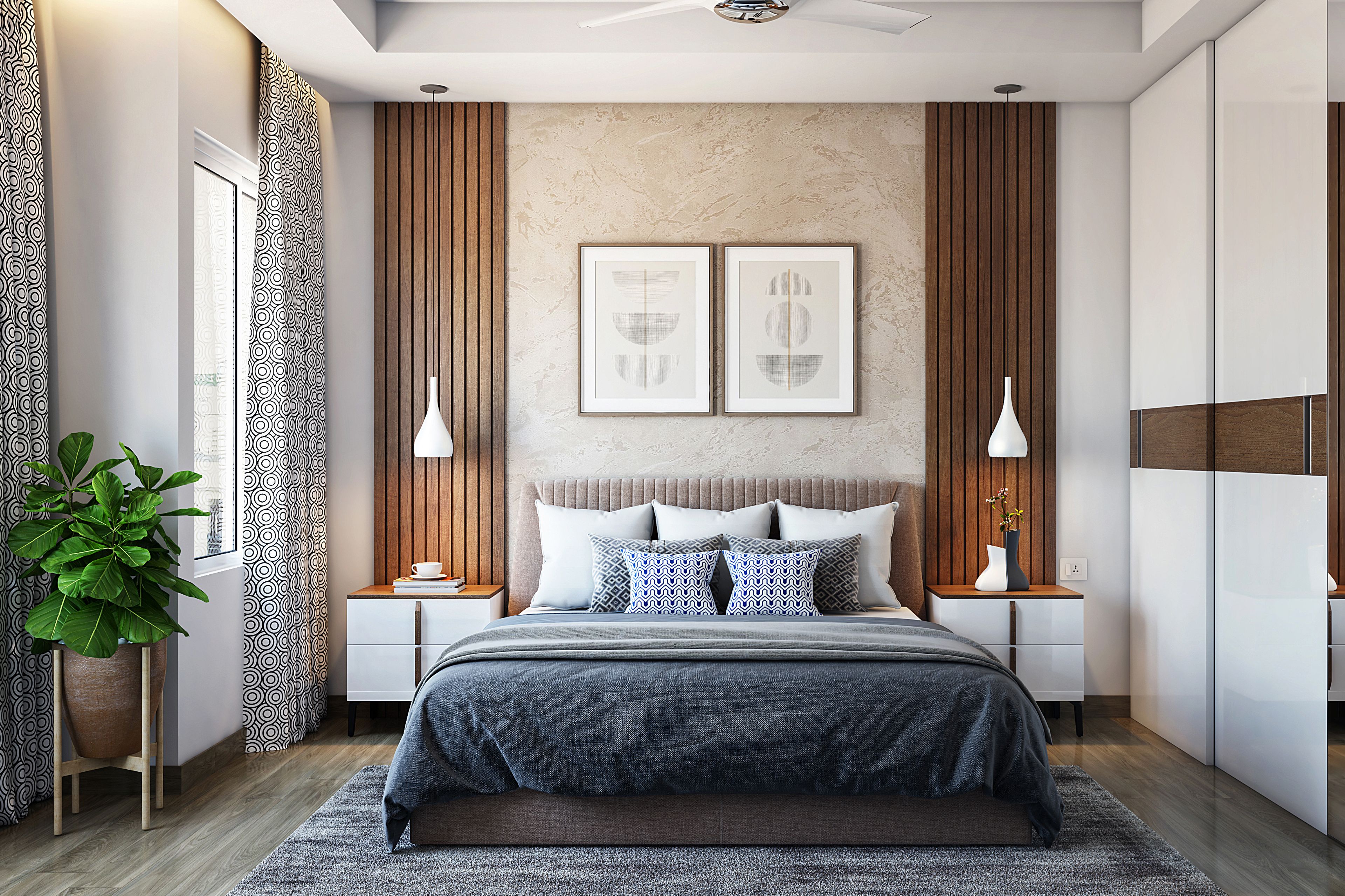 Spacious Grey Master Bedroom Design With White Wardrobe