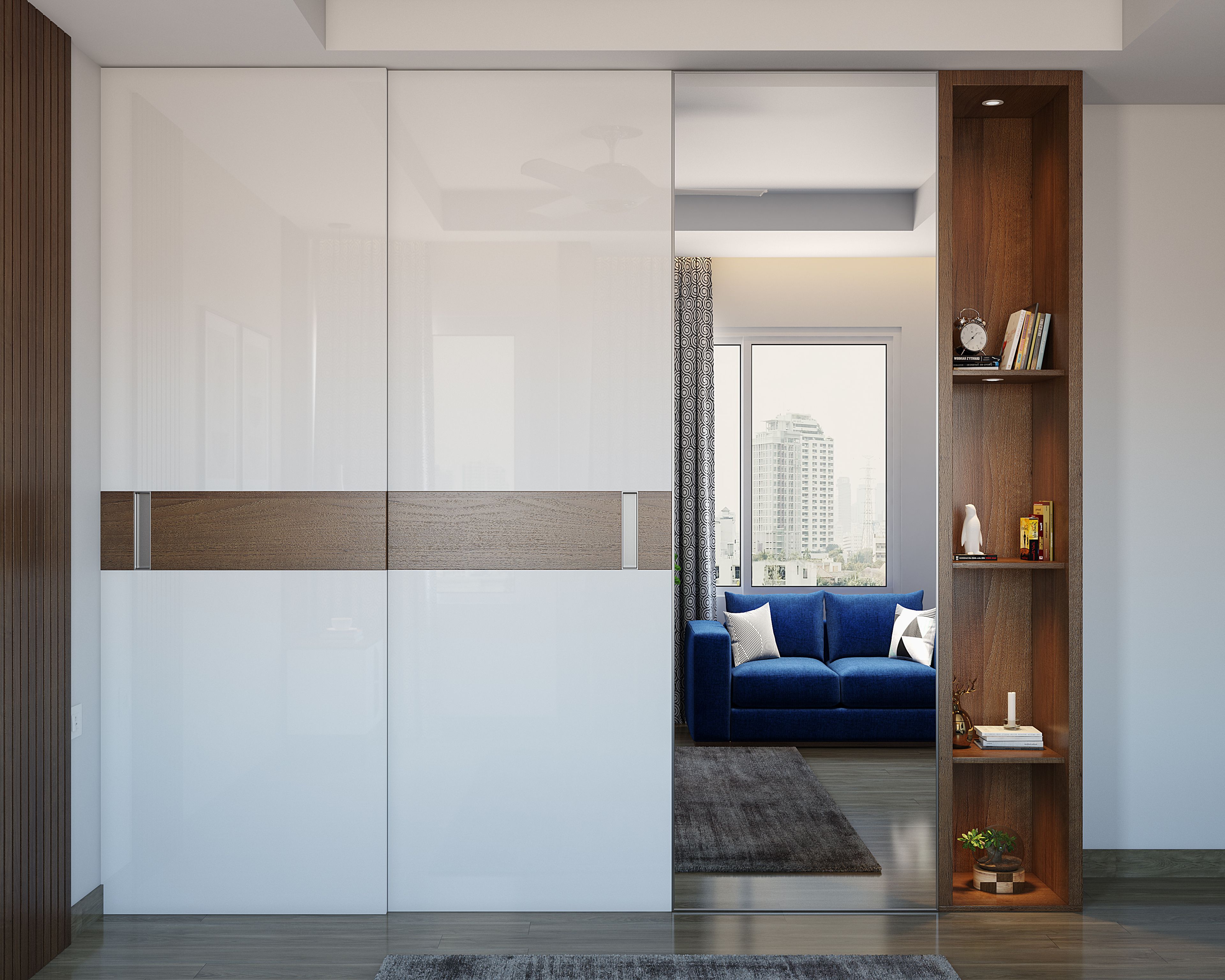 Tropical Glossy White Wardrobe Design With Open Shelf Unit