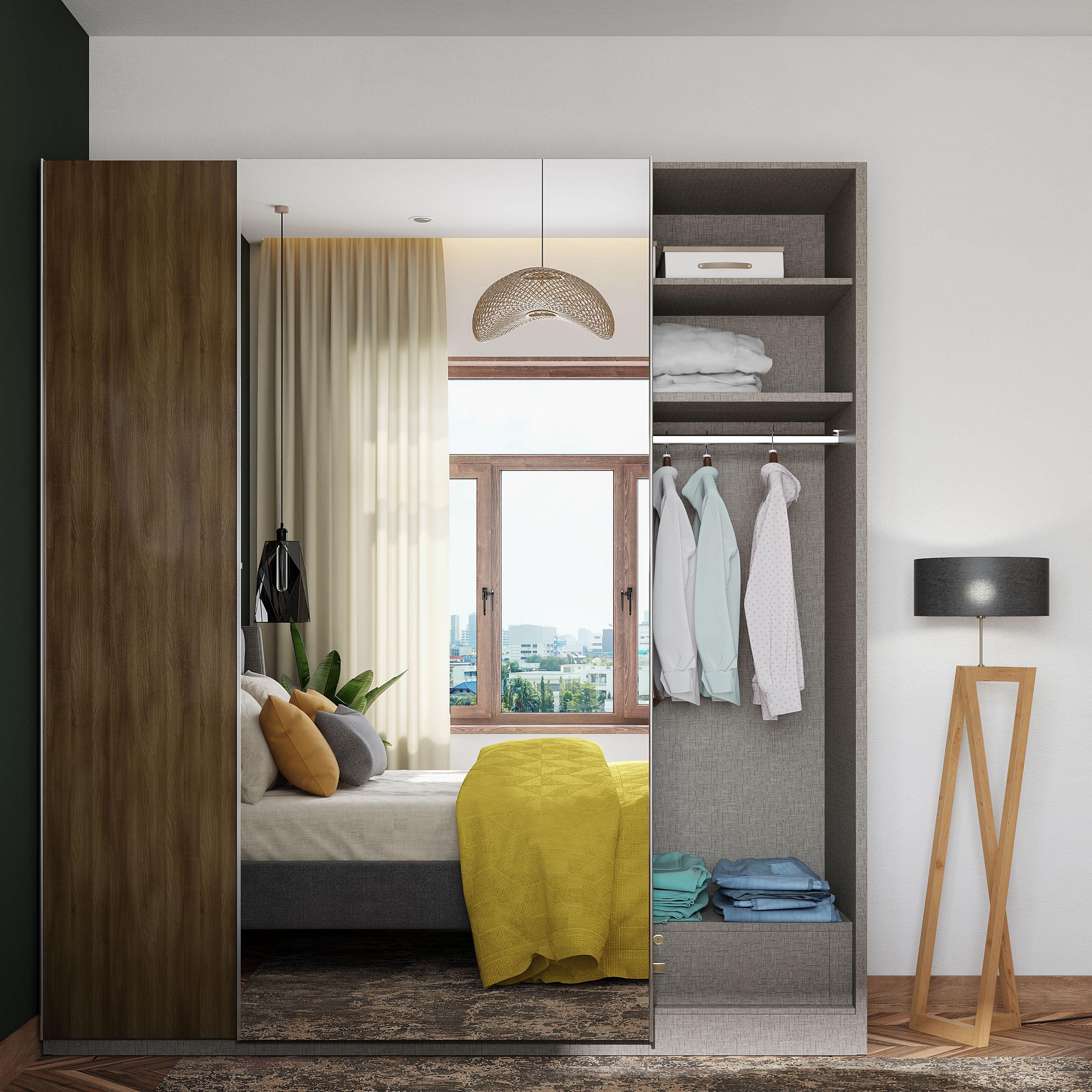 Contemporary Spacious Wardrobe Design With Large Mirror