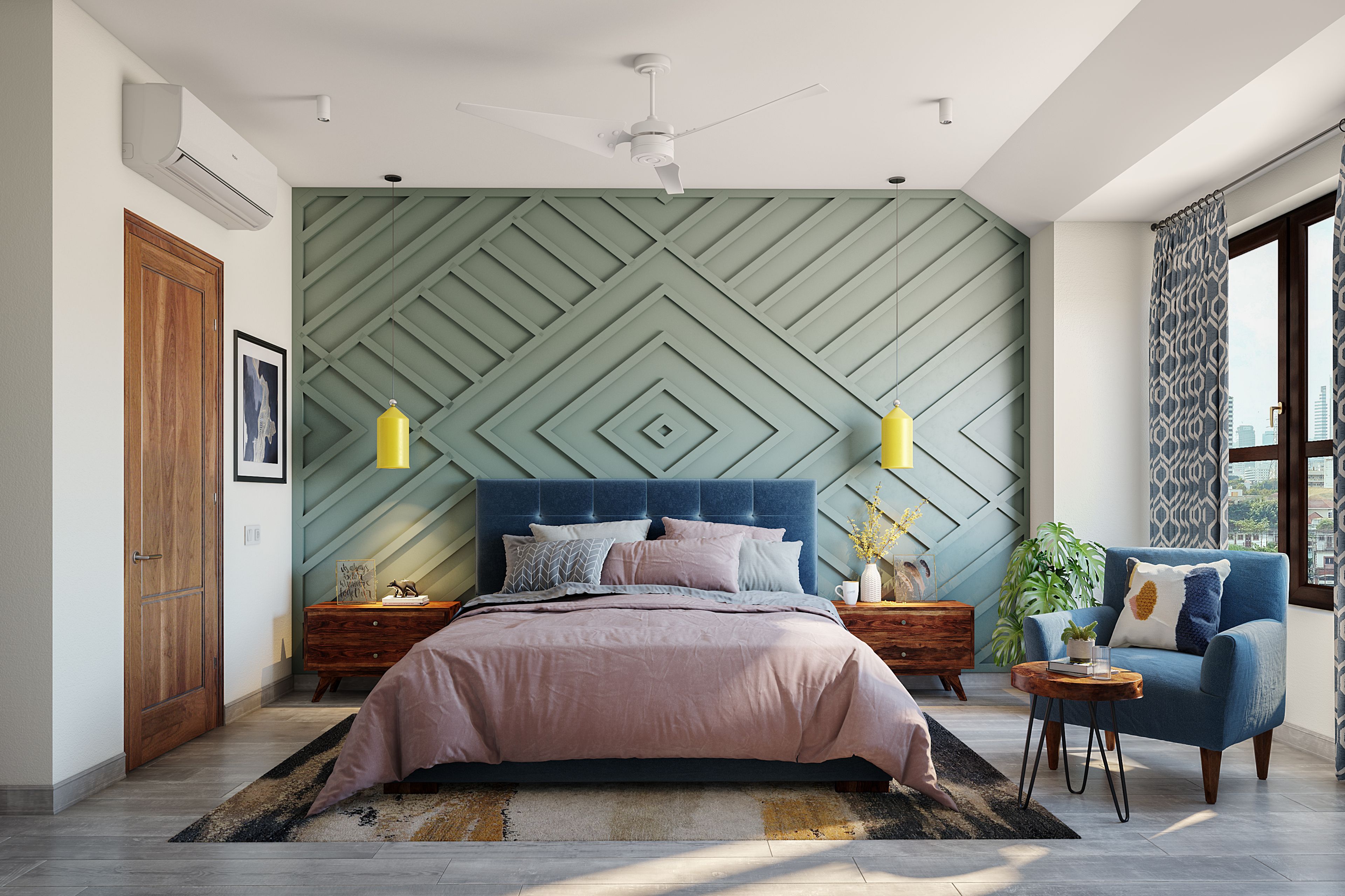 Modern Compact Master Bedroom Styled With Green Tint