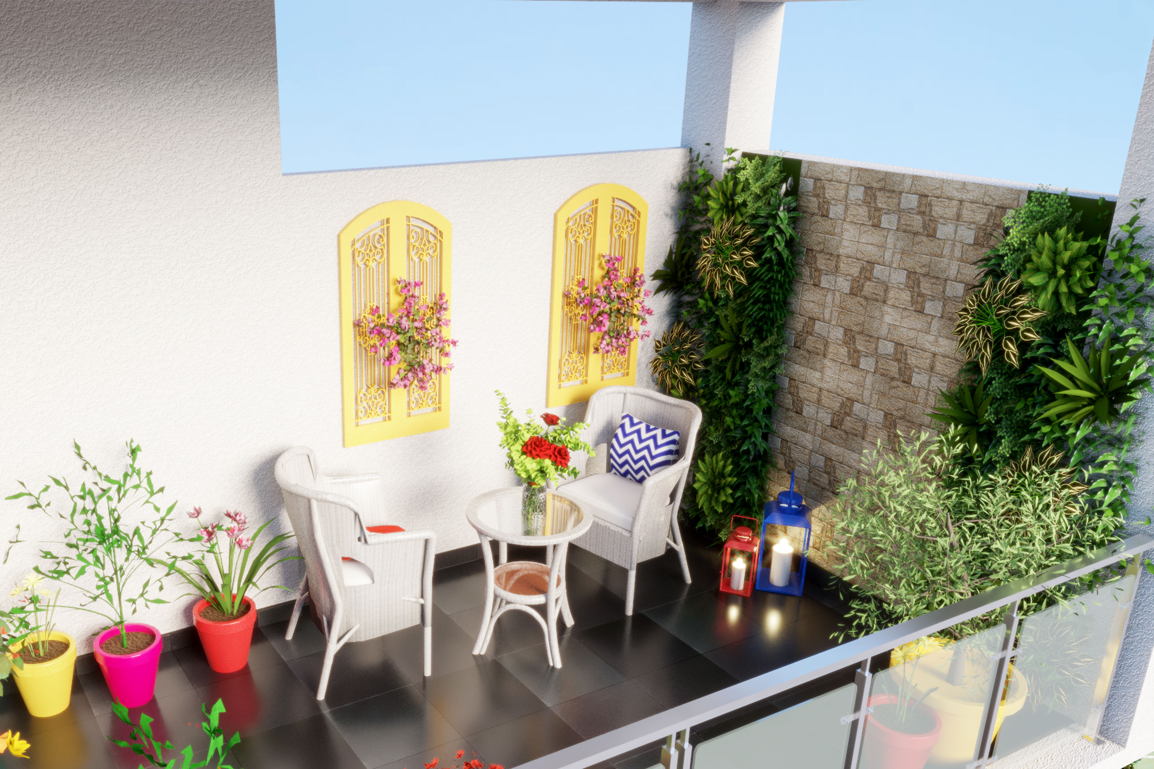 Colourful Spacious Balcony With Modern Design - Livspace